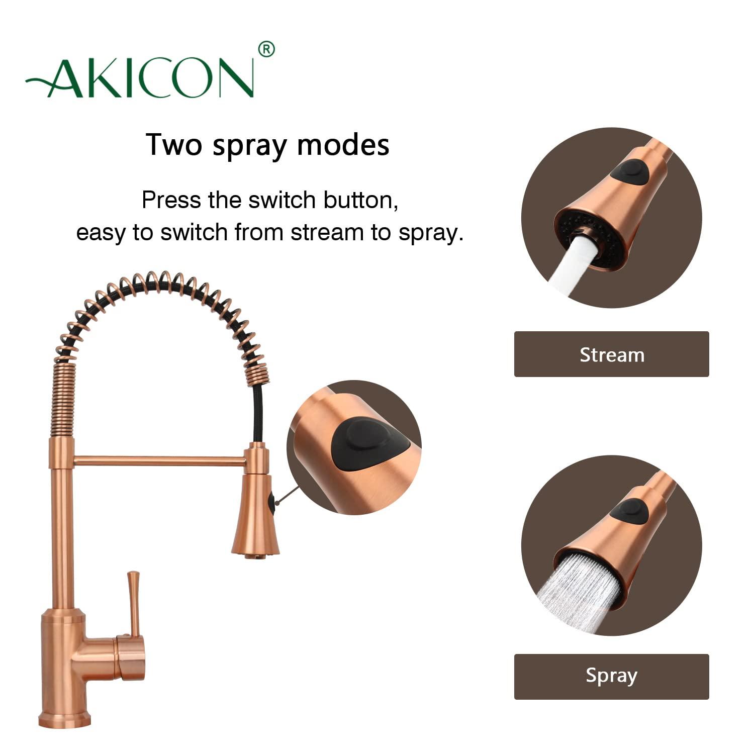 Akicon Pre-Rinse Spring Kitchen Faucet, Single Level with Pull Down Sprayer Copper Copper Finish