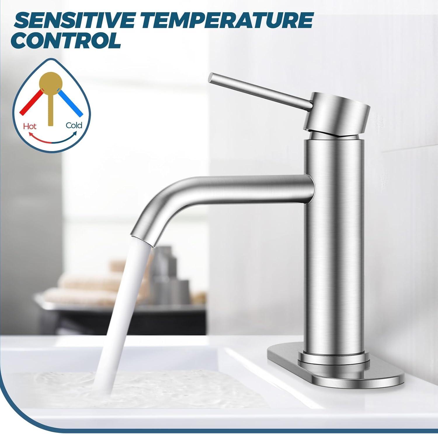 Single Handle Mid-Arc Bathroom Faucet with Deckplate and Pop-Up Drain in Brushed Nickel