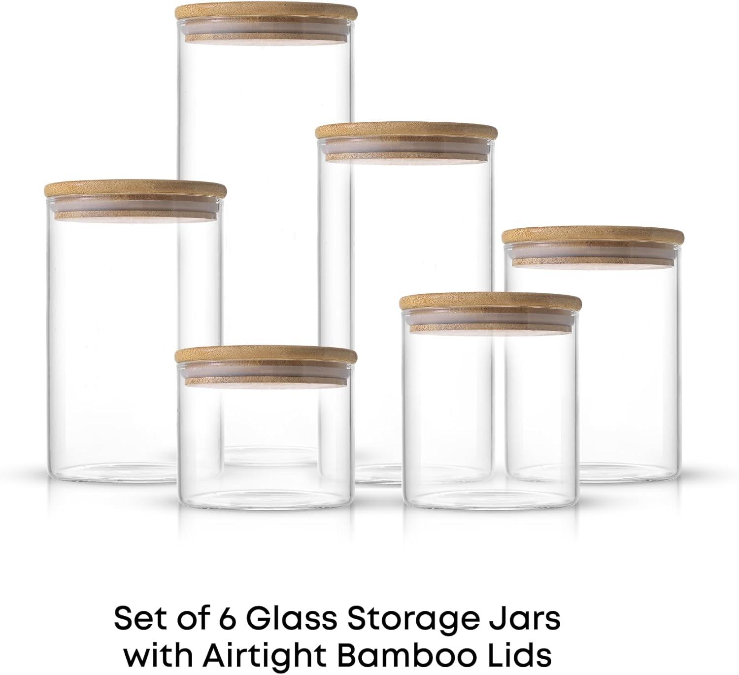 JoyJolt Glass Food Storage Jars Containers, Glass Storage Jar Bamboo Lids Set of 6 Kitchen Glass Canisters