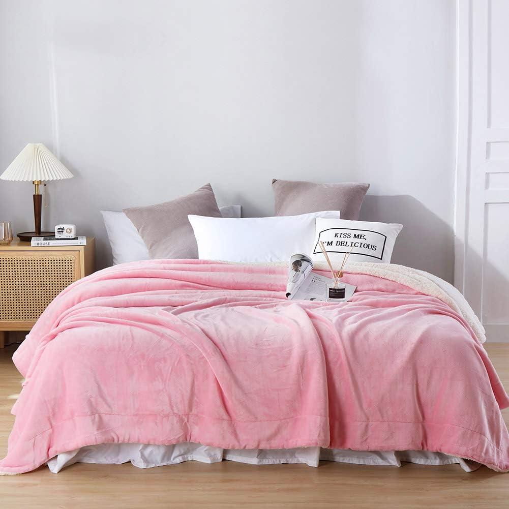 Queen Pink Reversible Sherpa Fleece Throw Blanket