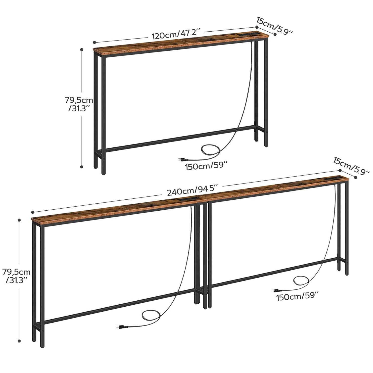 47.2" Skinny Console Table with Power Outlets and USB Ports, Table with Charging Station, Narrow Sofa Table, Behind Couch Table, for Entryway, Hallway, Foyer, Rustic Brown BF15XG01G1