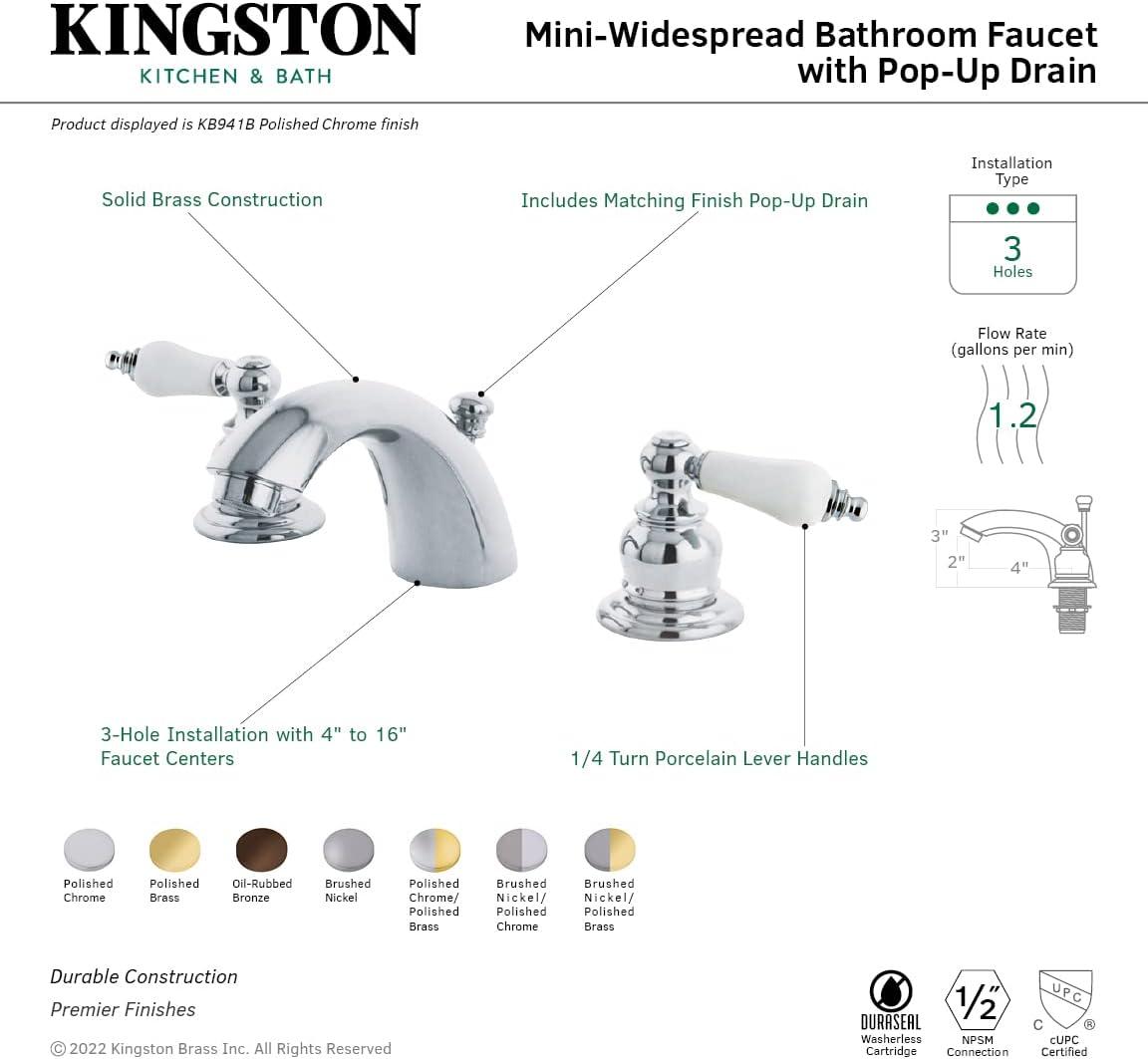 Kingston Brass Victorian Two-Handle 3-Hole Deck Mount Mini-Widespread Bathroom Faucet with Plastic Pop-Up