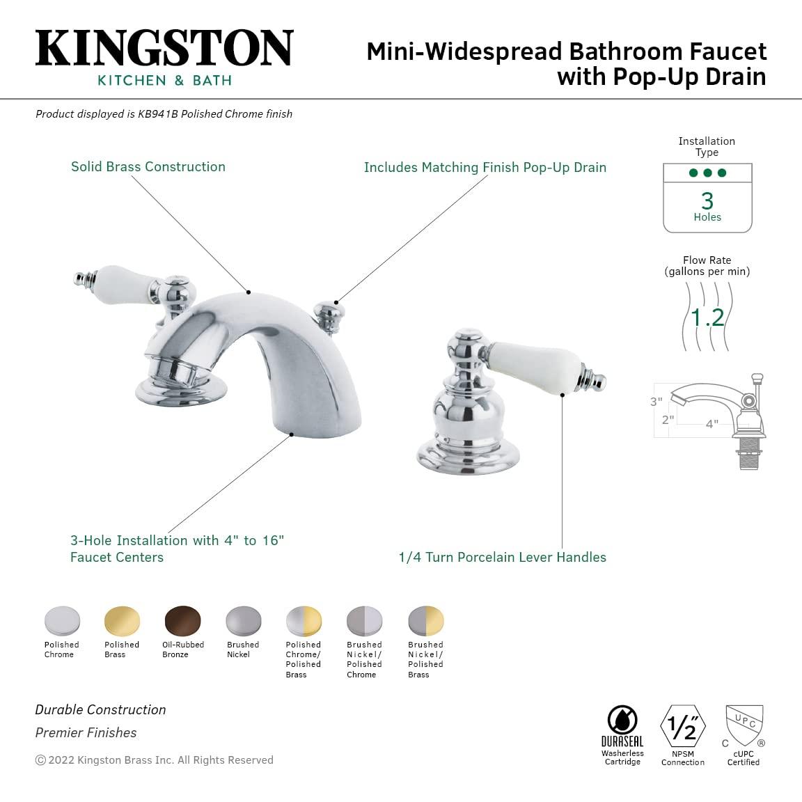 Kingston Brass Victorian Two-Handle 3-Hole Deck Mount Mini-Widespread Bathroom Faucet with Plastic Pop-Up