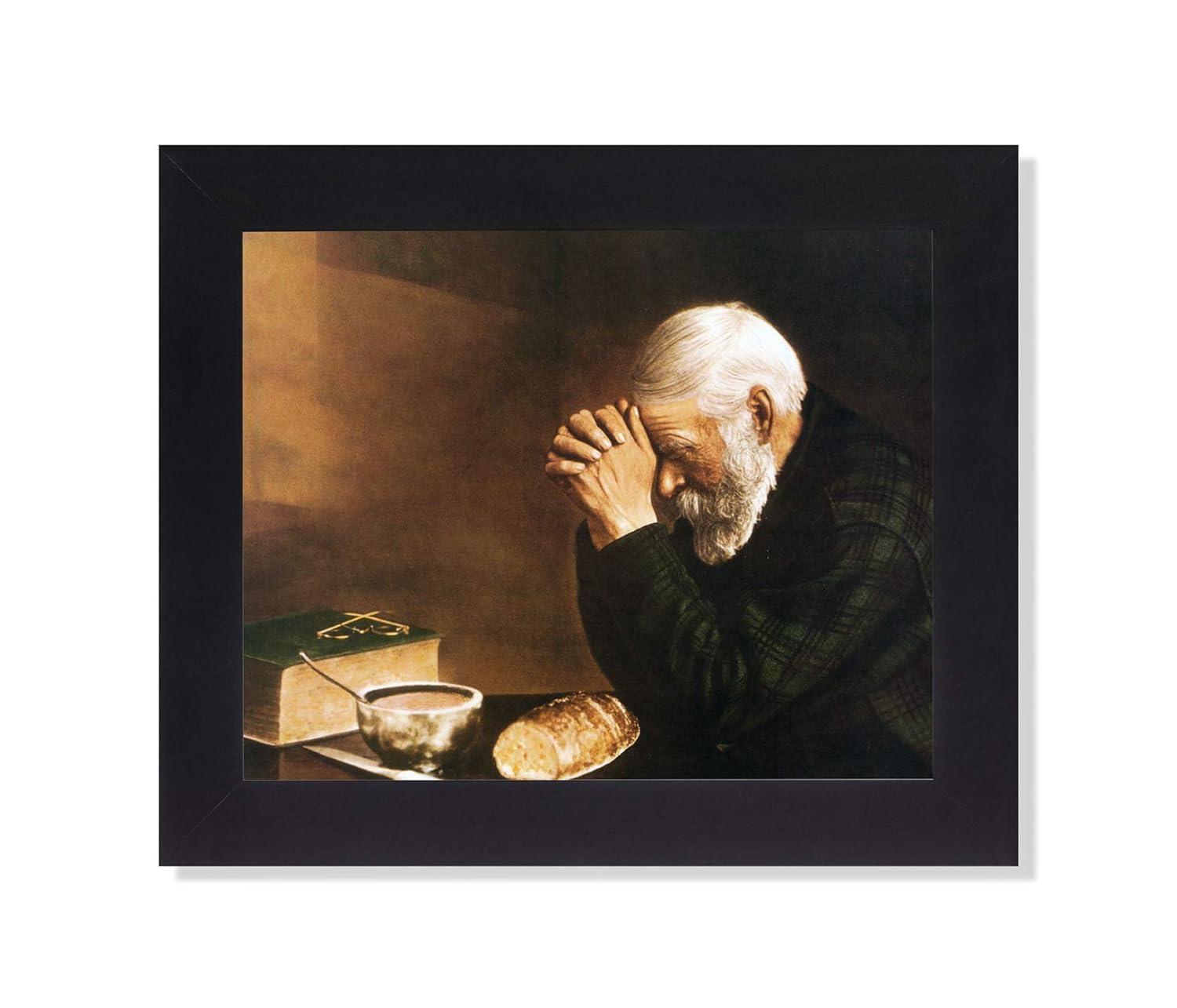 Daily Bread Man Praying Religious Art Print with Black Frame