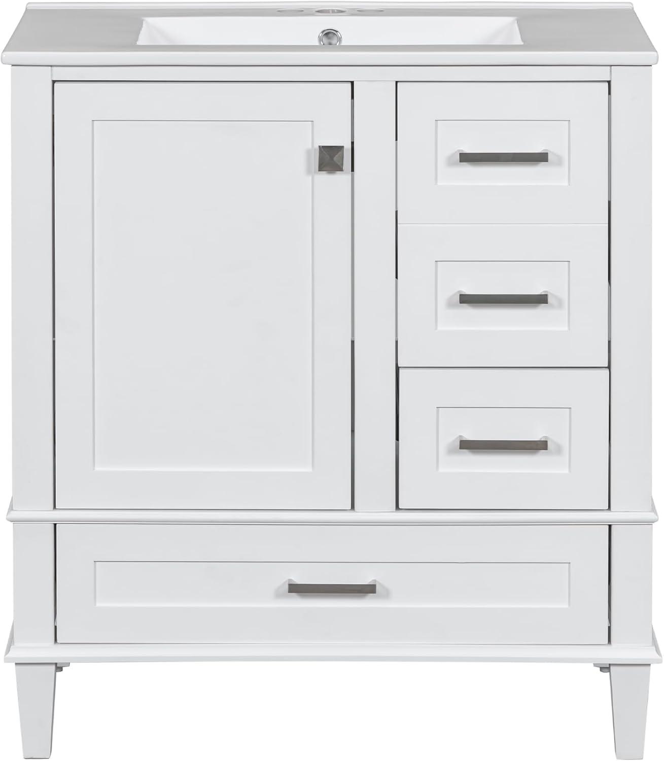 30" Modern Bathroom Vanity with Single Sink Combo Set, Solid Wood Frame Bathroom Storage Cabinet with Soft Closing Door and 3 Drawers, White