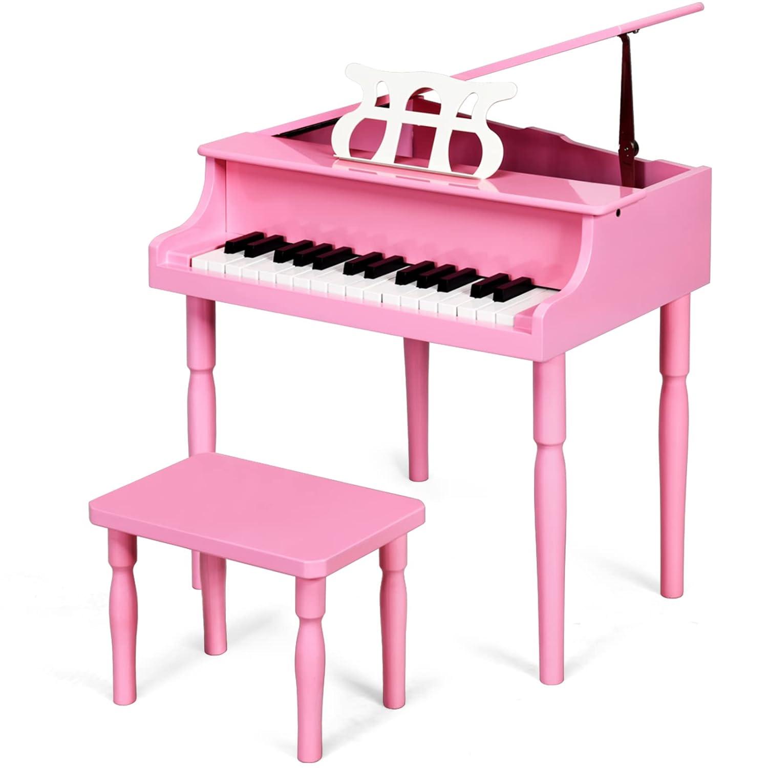 Costway 30-Key Classic Baby Grand Piano Toddler Toy Wood w/ Bench & Music Rack Pink
