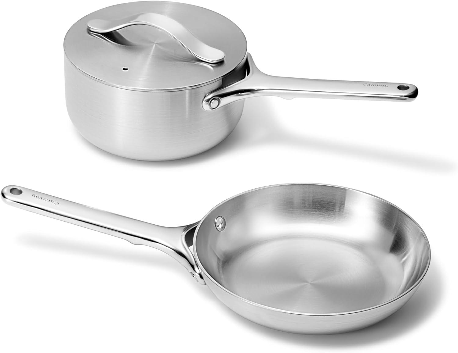Caraway Home 4pc Stainless Steel Mini Fry Pan and Mini Sauce Pan Set: Non-Toxic Cookware, Induction Compatible