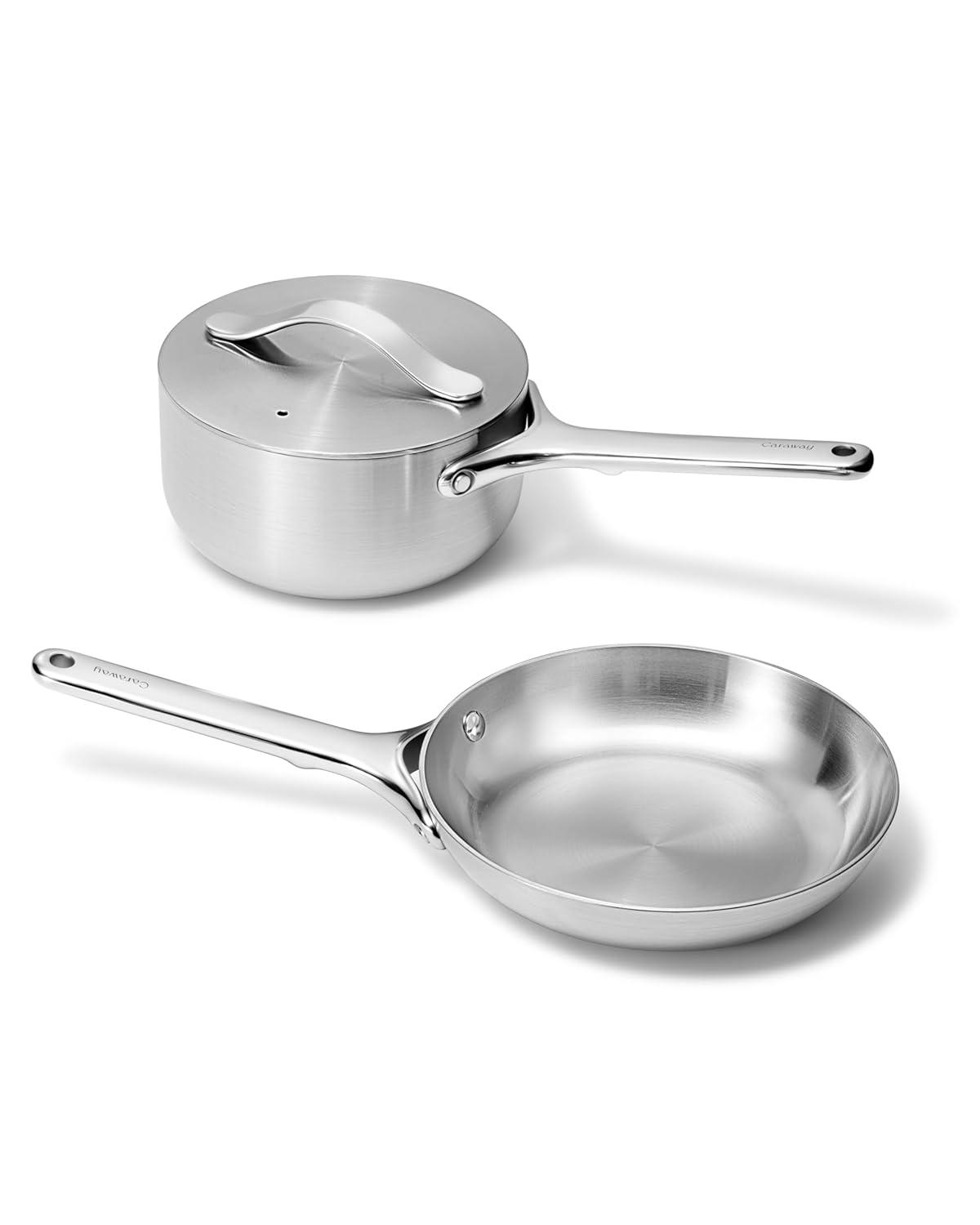 Caraway Home 4pc Stainless Steel Mini Fry Pan and Mini Sauce Pan Set: Non-Toxic Cookware, Induction Compatible