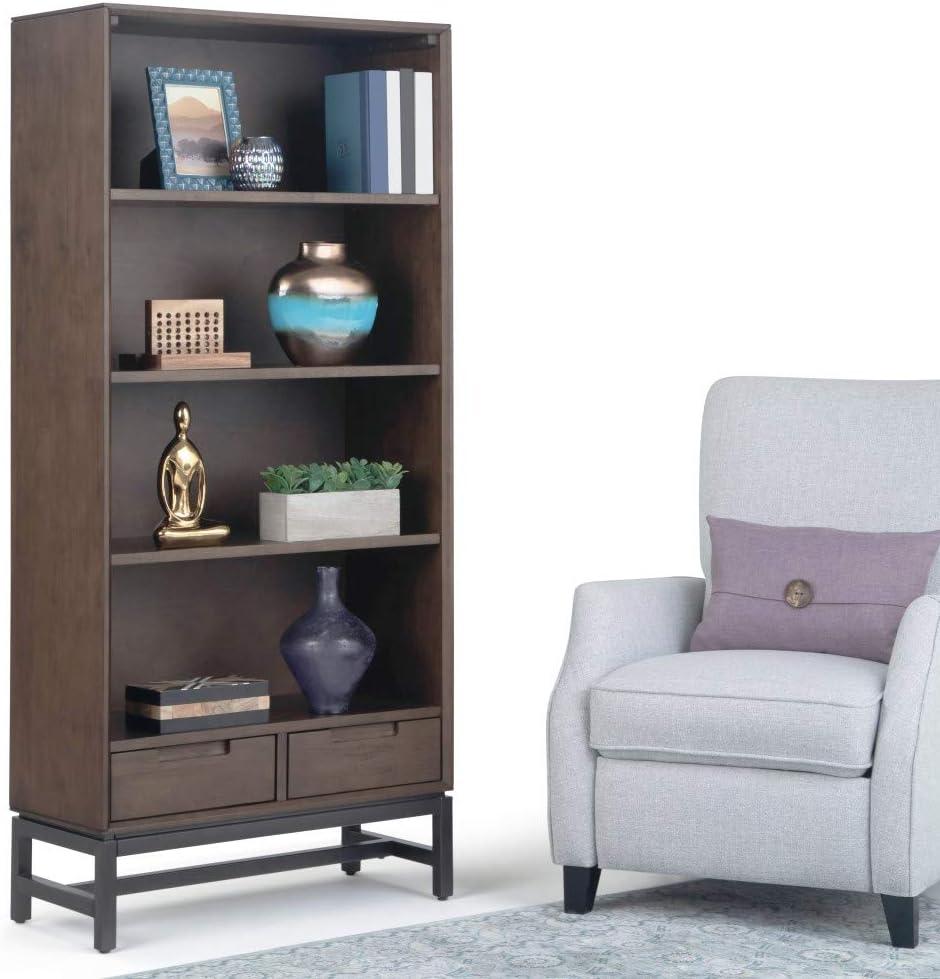 Banting 30"W Solid Wood 4 Shelf Industrial Bookcase with 2 Drawers, Adjustable Shelves, and Metal Base