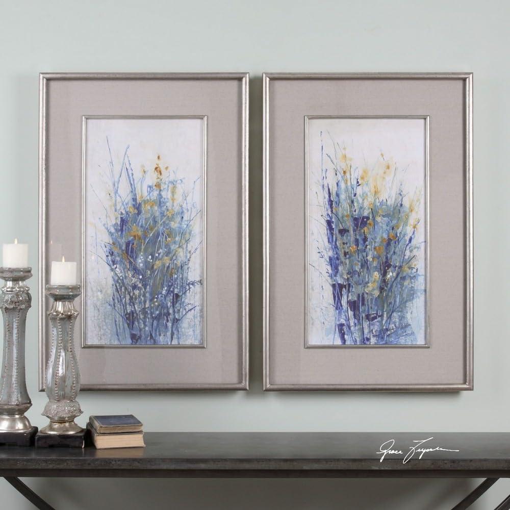 Indigo Floral Prints in Silver Frames, Set of 2