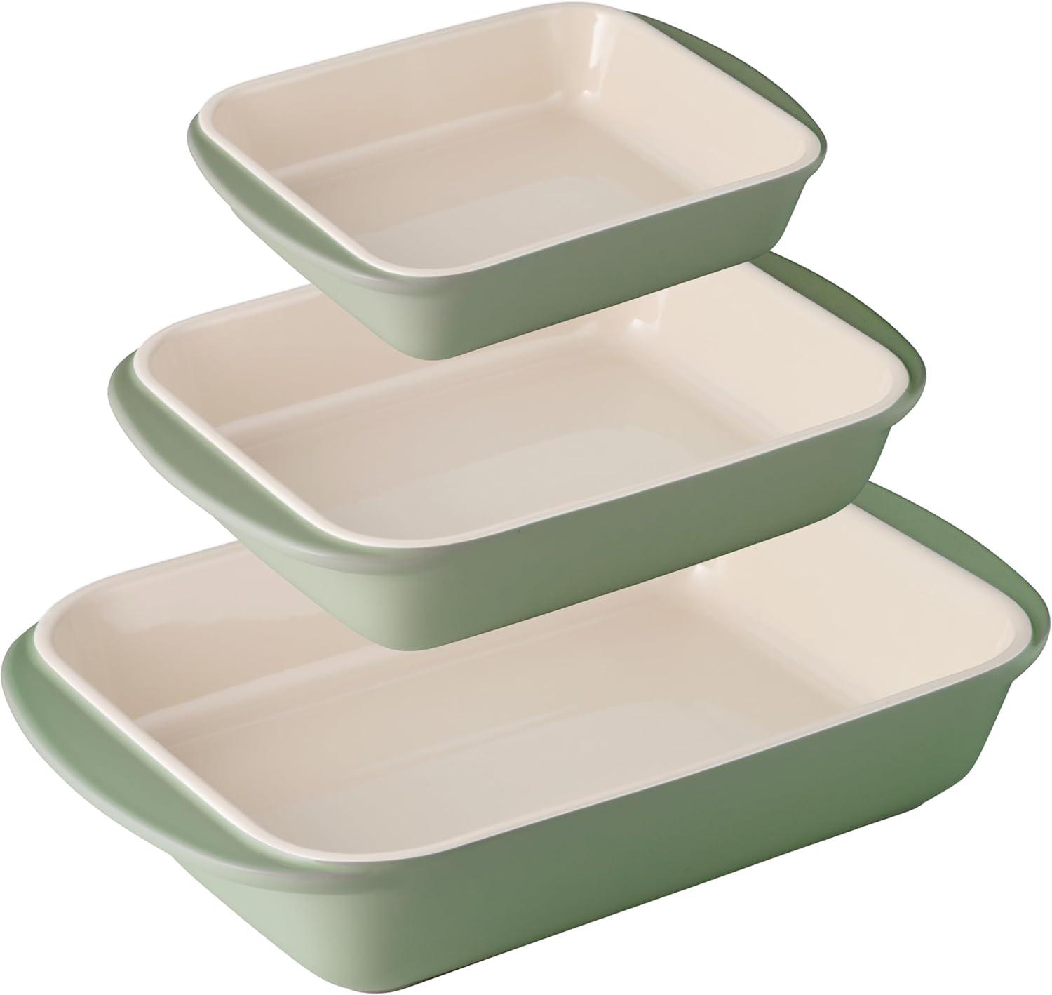 Tramontina Mae 3-Piece Ceramic Porcelain Baking Pans Set, Cactus, Non Stick Casserole Dishes for Oven, Rectangular Bakeware for Lasagna, Cakes and Loafs
