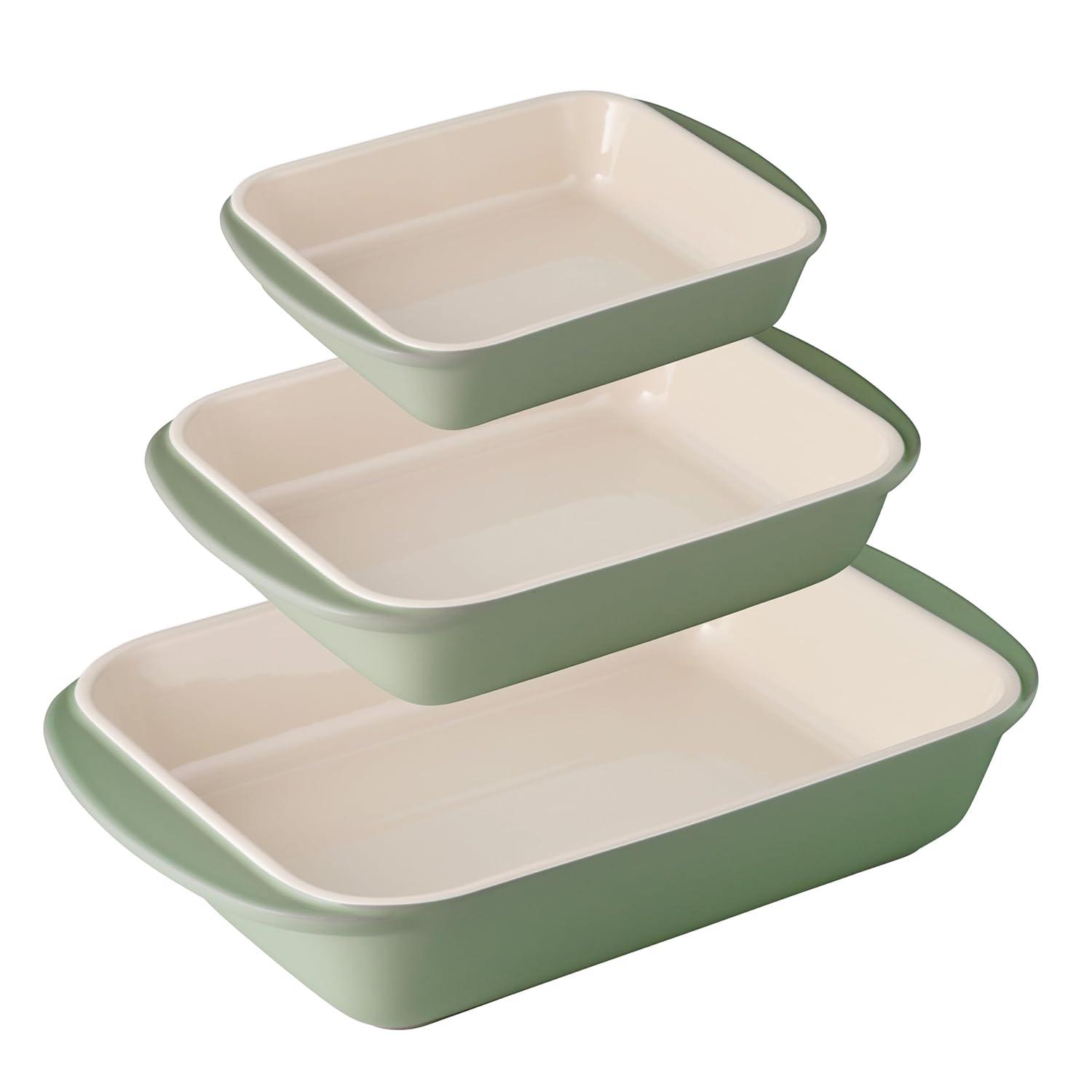 Tramontina Mae 3-Piece Ceramic Porcelain Baking Pans Set, Cactus, Non Stick Casserole Dishes for Oven, Rectangular Bakeware for Lasagna, Cakes and Loafs