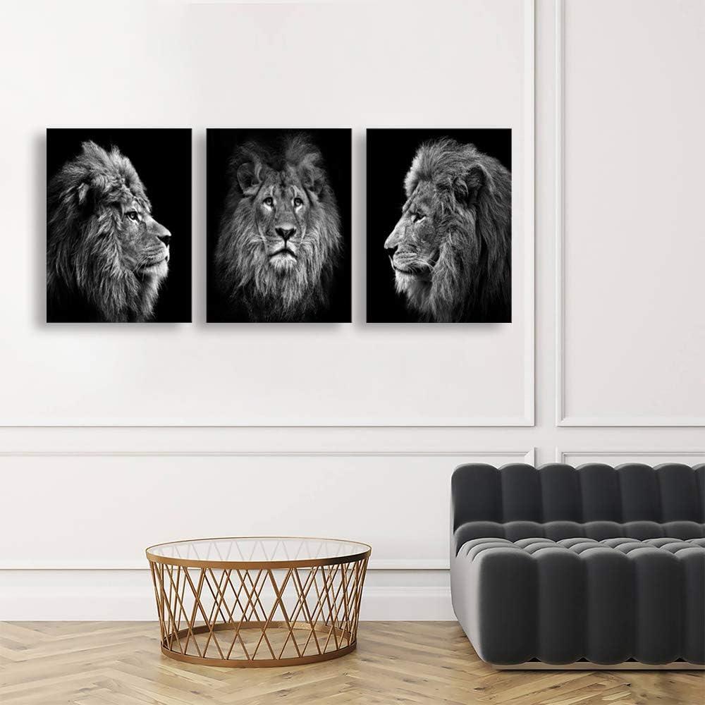 Wall Art Black and White Lion Head Portrait Wall Art Painting Pictures Print 3 Pieces Canvas Animal for Bedroom Living Room Office Wall Decor Home Decoration Framed Ready to Hang