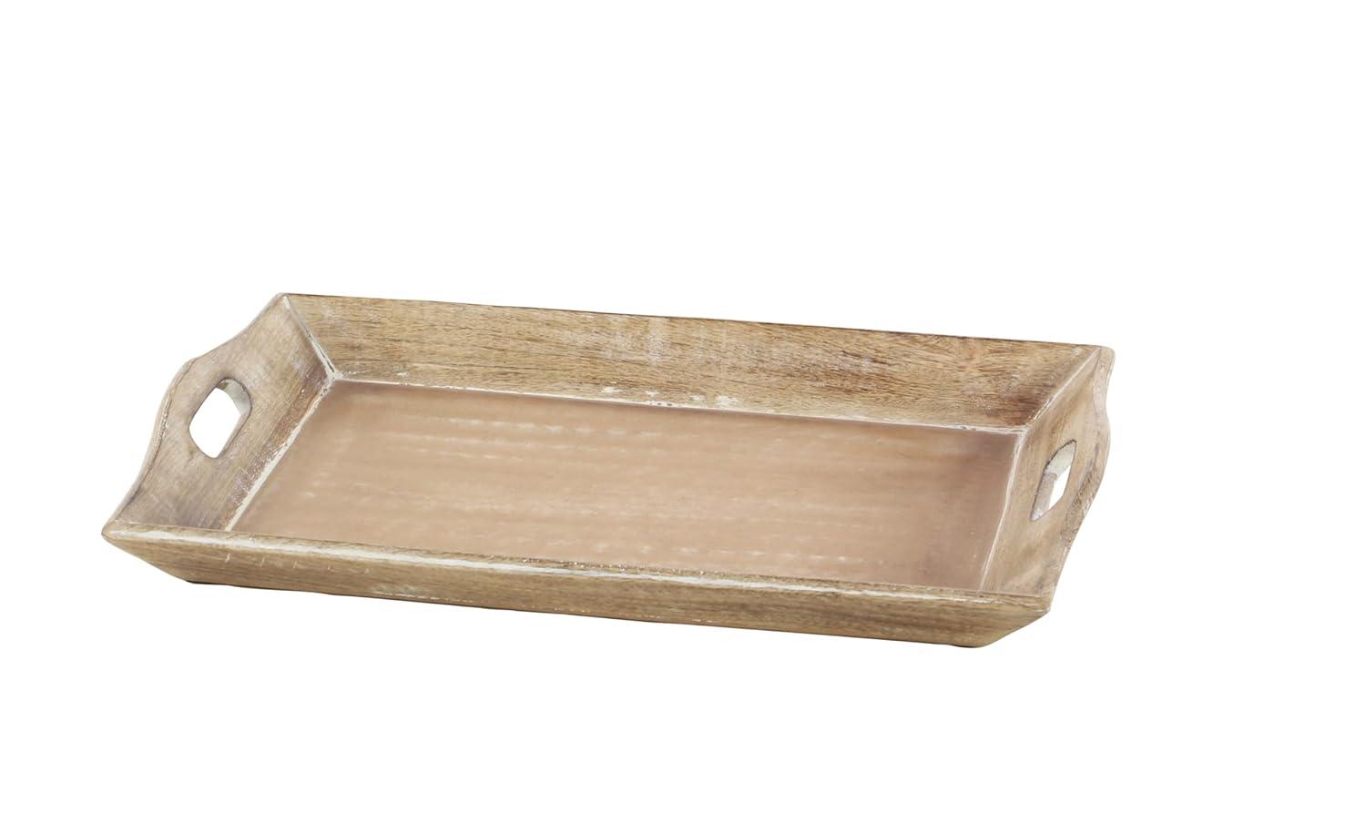 Olivia & May Set of 2 Traditional Whitewashed Natural Mango Wood Serving Trays Brown: Ottoman Style, with Handles