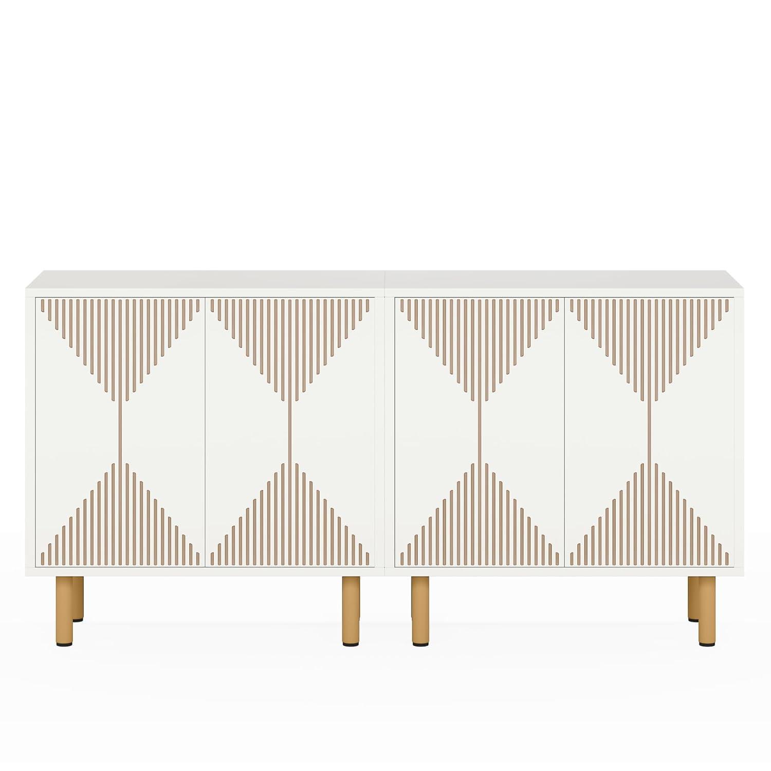 Modern White and Gold 59" Wood Storage Cabinet with Carved Doors