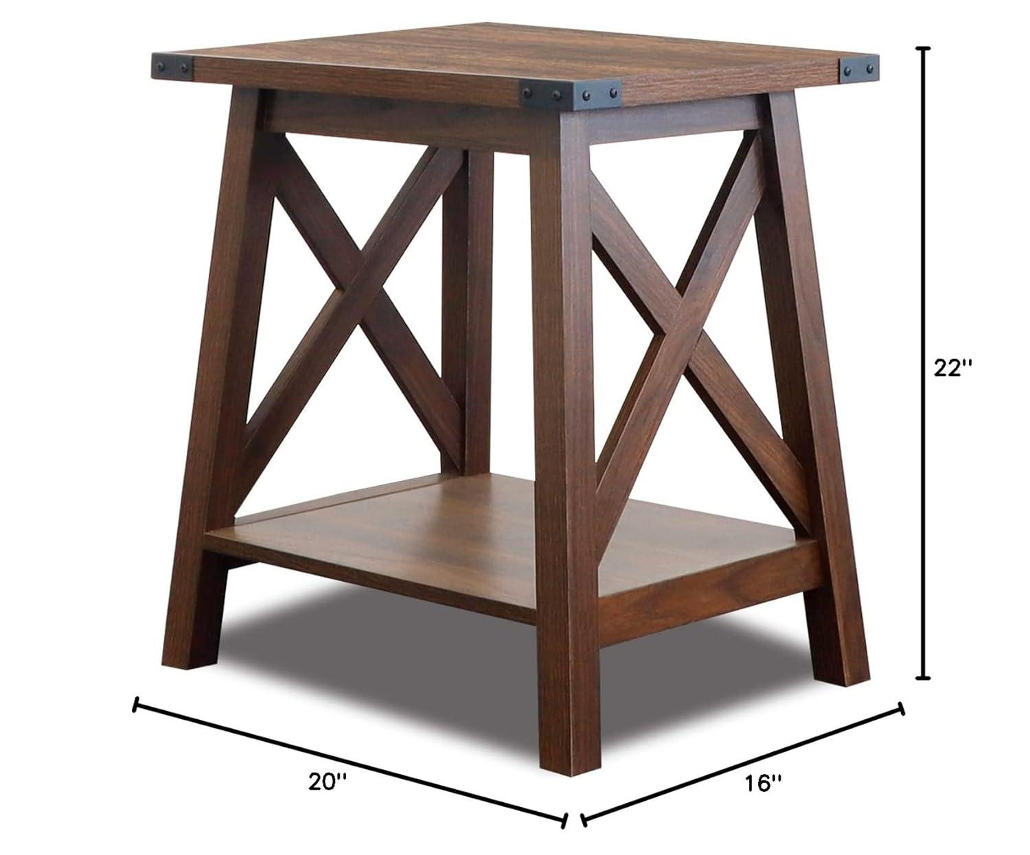 Rainbow Sophia Side Table End Table for Living Room, Farmhouse Accent Wood Nightstand for Bedroom with 2-Tier Storage, Dark Walnut