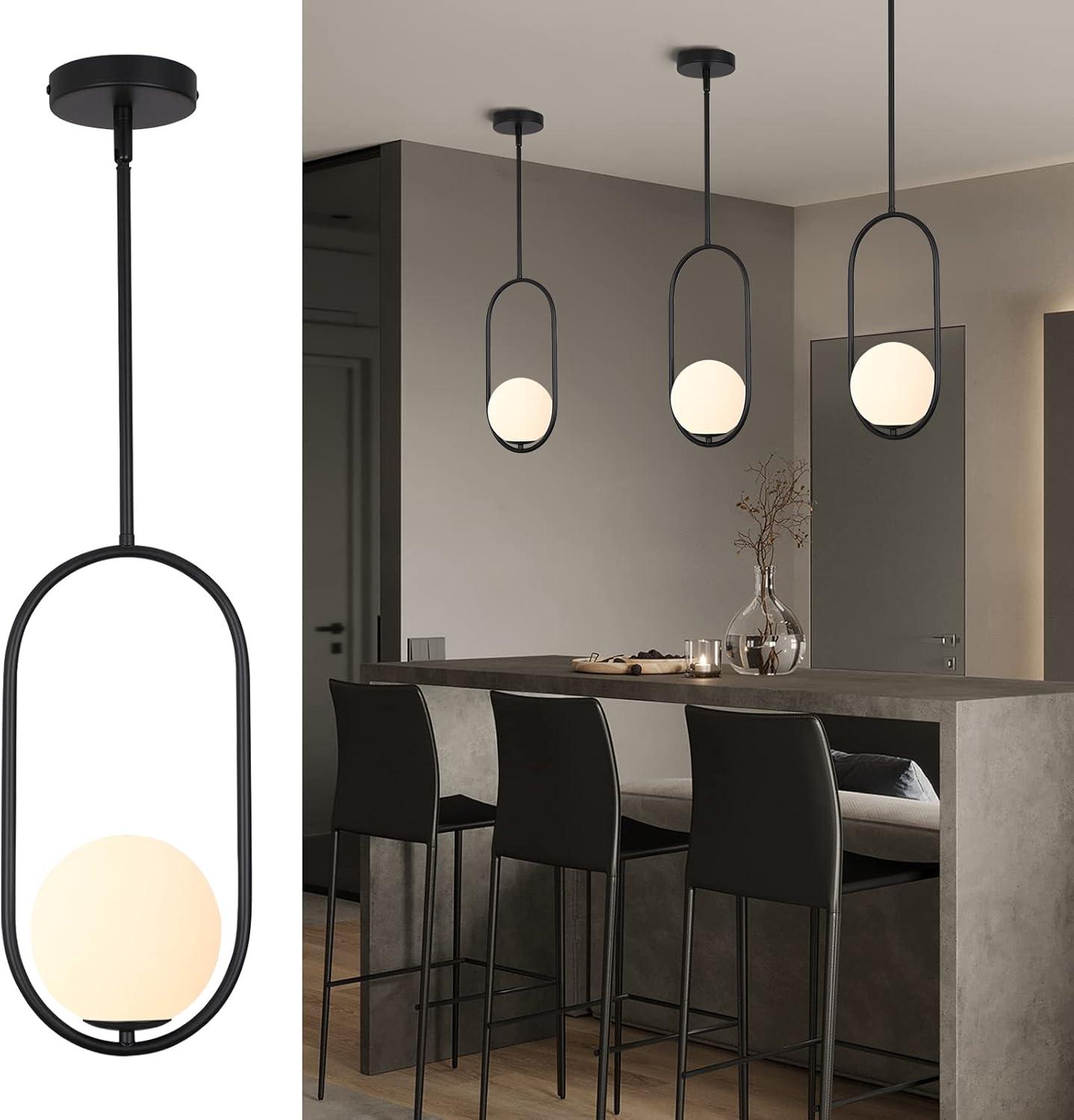 SeeU Modern Pendant Light Fixture, Black Globe pendant lighting, One Light Chandelier Indoor Hanging Light Fixture for Kitchen Island Dinning Room Bedroom