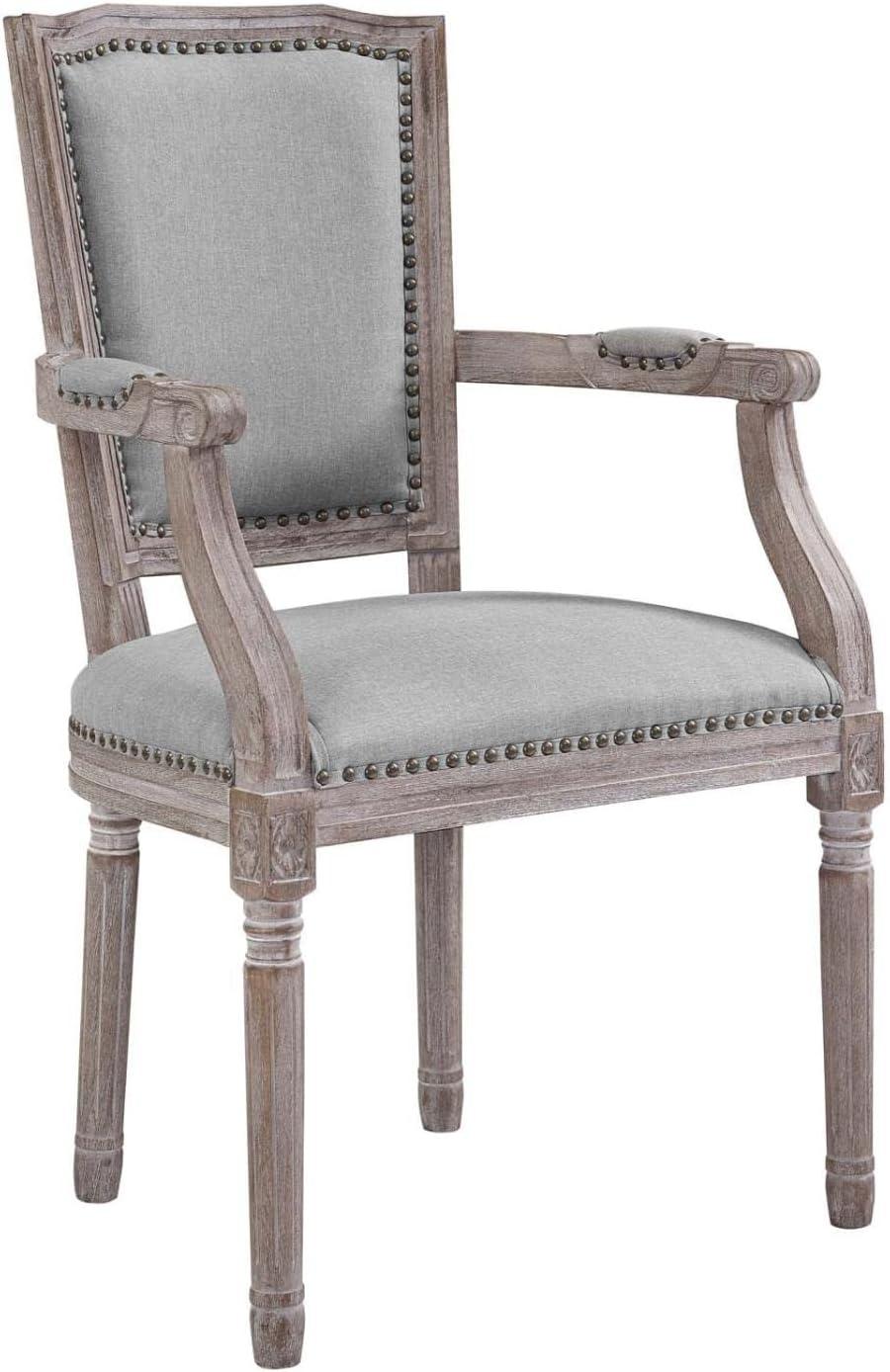 Elegant Vintage French Light Gray Upholstered Wood Armchair