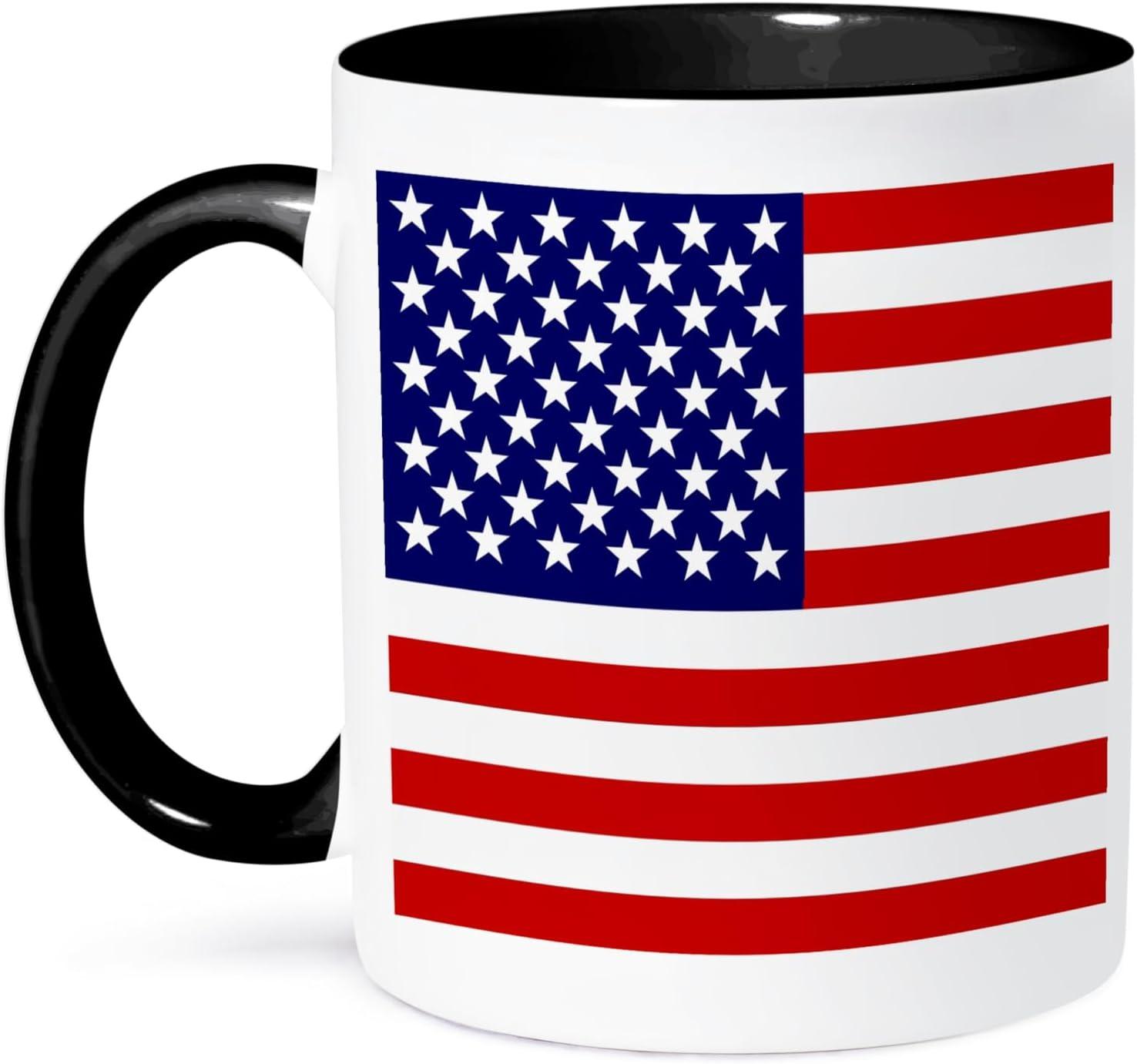 Patriotic American Flag Ceramic Black Handle Mug, 11oz