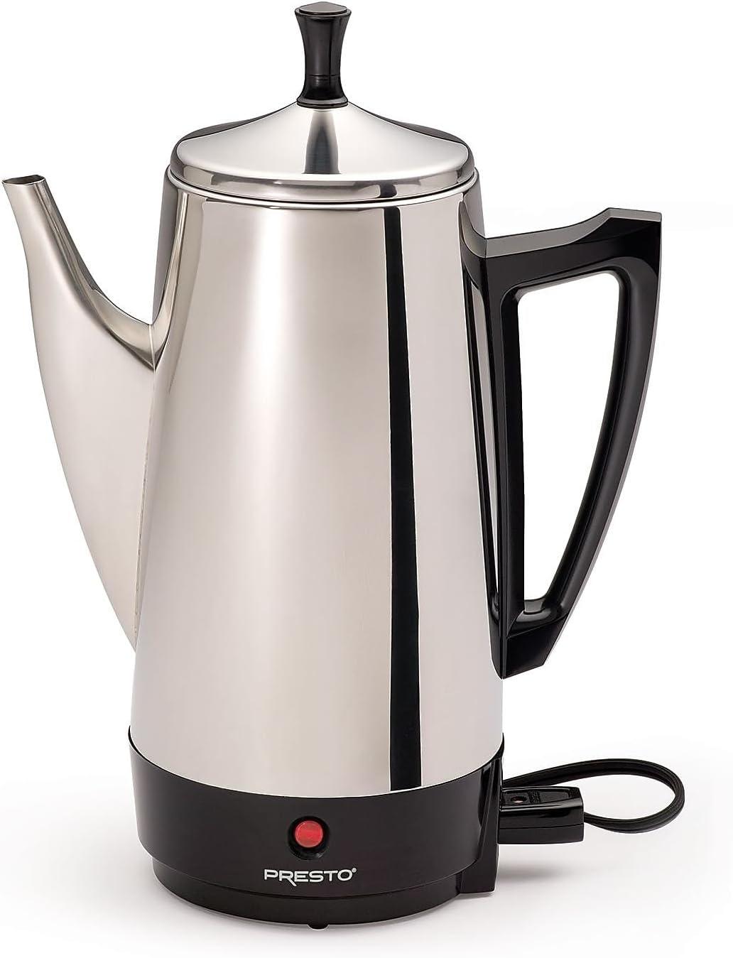 Presto Stainless Steel Coffee Maker, 12 Cup Robust Percolator Coffee Machine for Kitchens with Filter Basket and Signal Light, Silver
