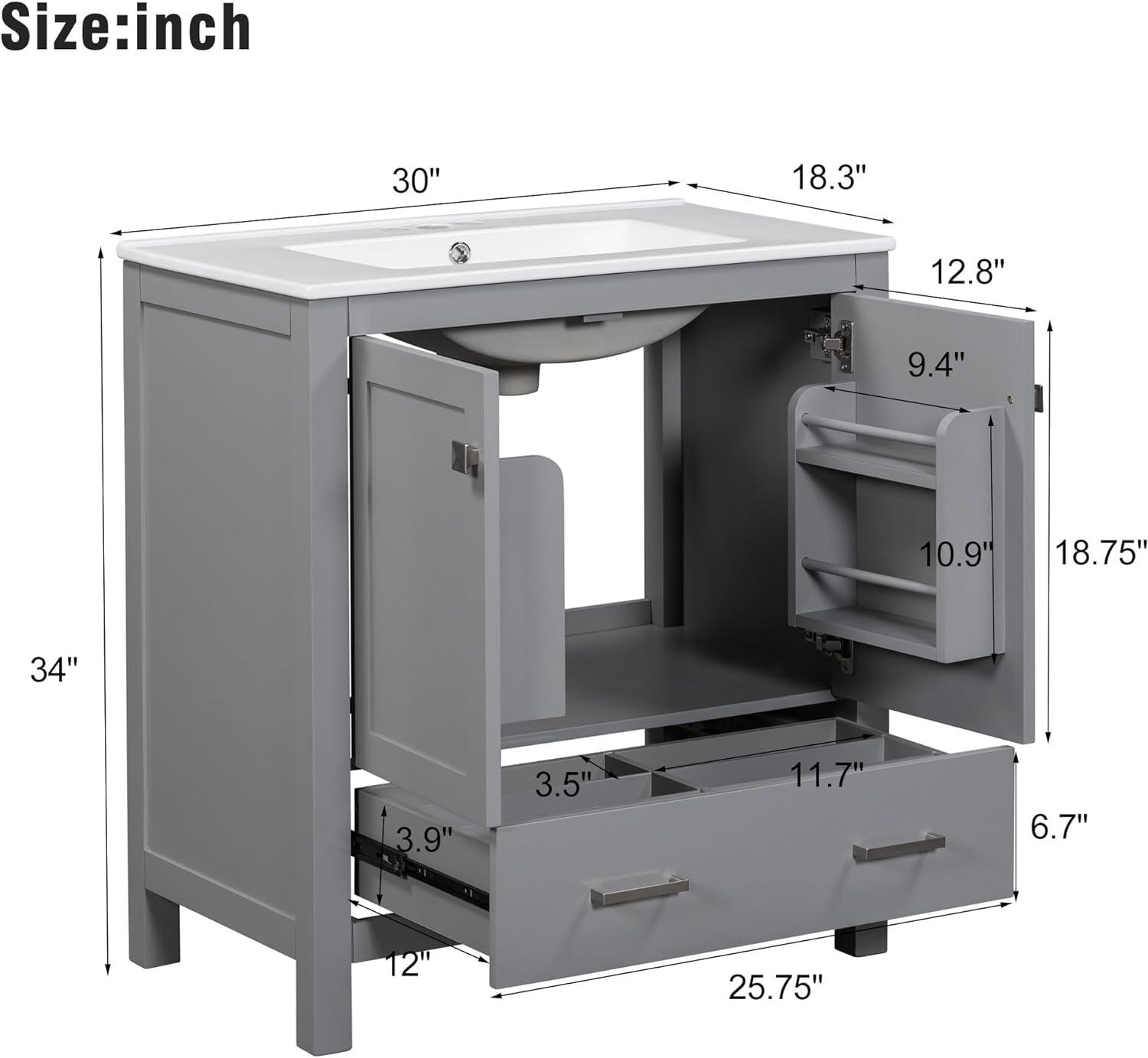 Gray Solid Wood Freestanding Bathroom Vanity with Ceramic Sink