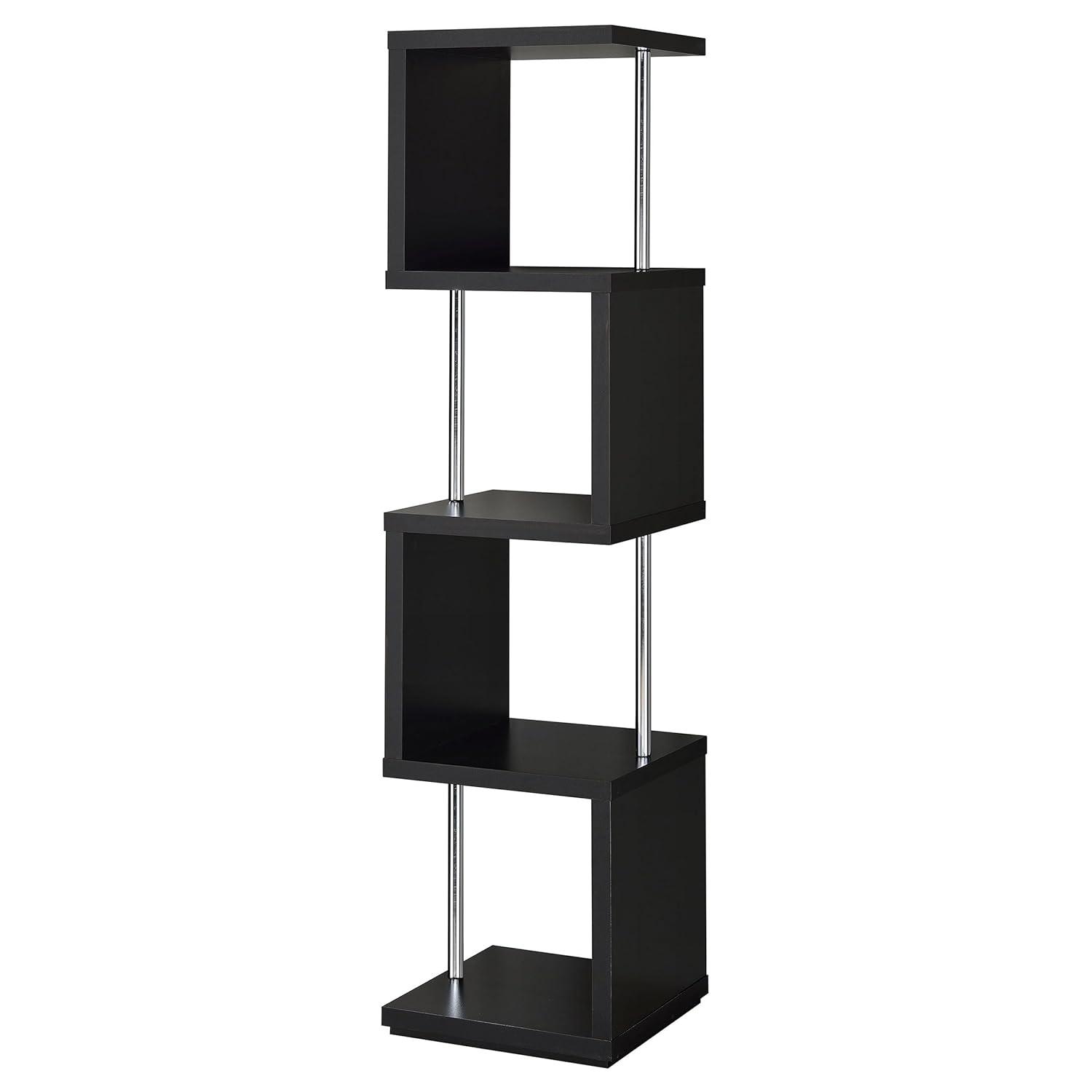 66.5" Baxter 4 Shelf Zig Zag Bookcase with Chrome Details Black - Coaster: Modern Storage Display