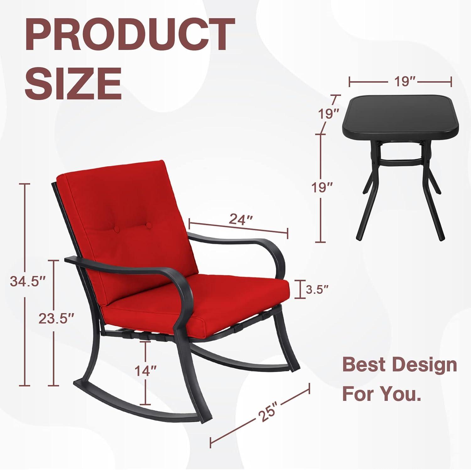 Outdoor 3-Piece Rocking Chairs, Patio Bistro Furniture Set, 2 Black Steel Rocking Chairs with Cushion and Glass Top Coffee Table (Red)