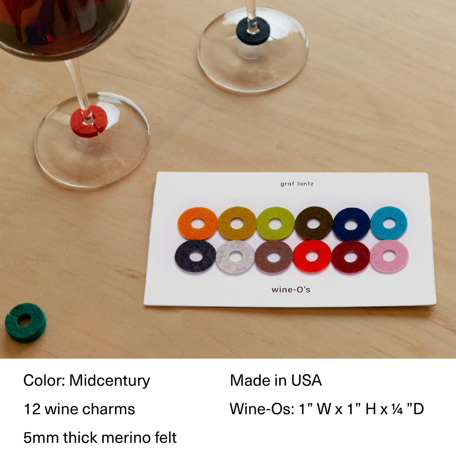 Graf Lantz - Wine-O's Merino Wool Wine Glass Charms (Midcentury) 12 Count - Drink Markers with Note Card - Reusable - 12 Colors - Boho Style - Home Decor, Party Favors & Vacation Essentials - 5mm Felt