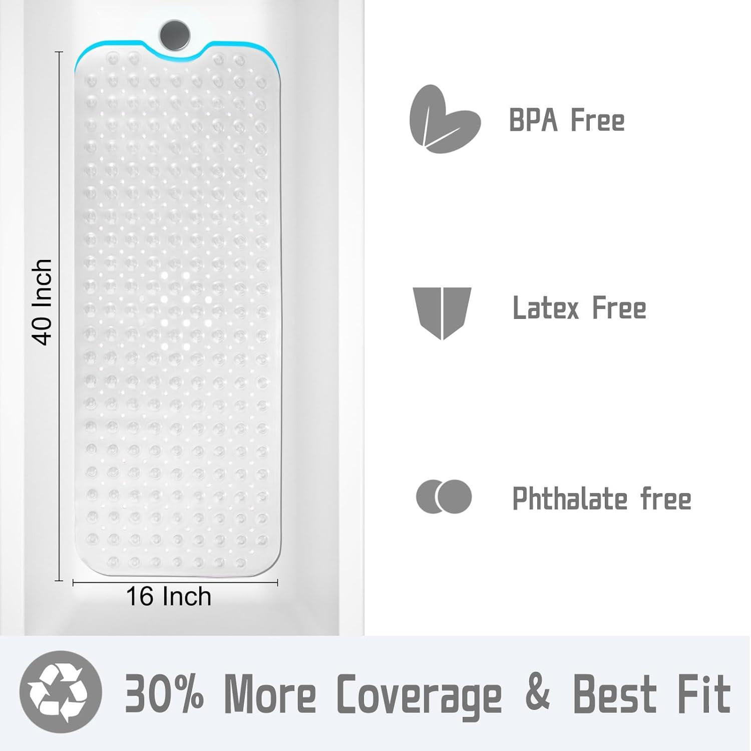 Yimobra Non Slip Bathtub Mat, Super Strong Suction Cups, 40"x16" Extra Long Shower Mat with Drain Holes, Machine Washable Fast Draining Bathroom Floor Mat, Clear Grey