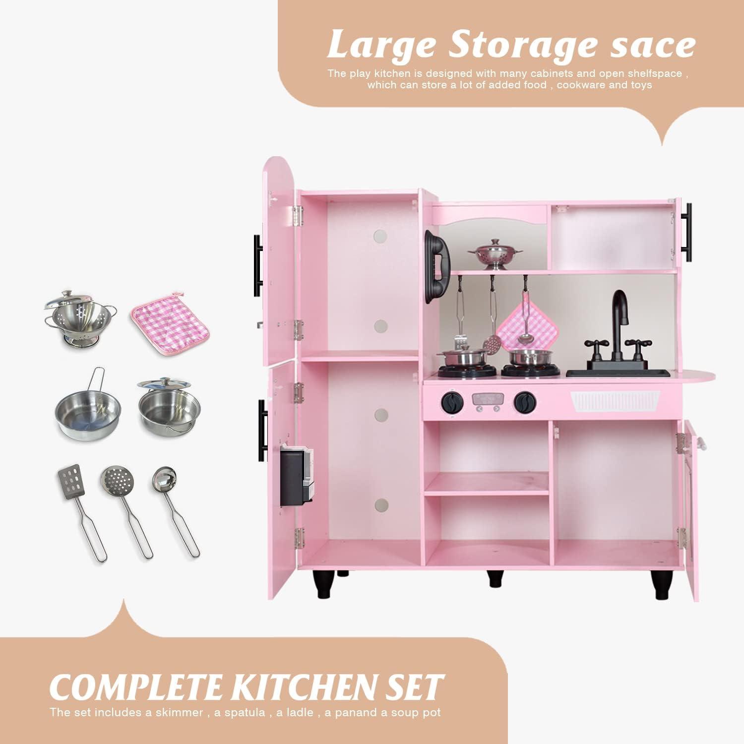 Pink Wooden Play Kitchen Set with LED Lights and Sounds