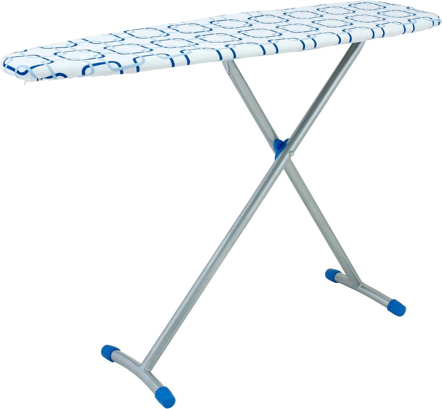 Household Essentials Arched T-Leg Ironing Board Silver Frame Blue Geometric Pattern