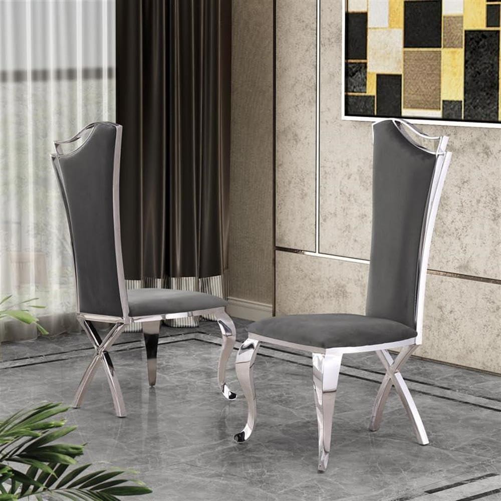 Gray Velvet Upholstered High Back Side Chair with Metal Frame