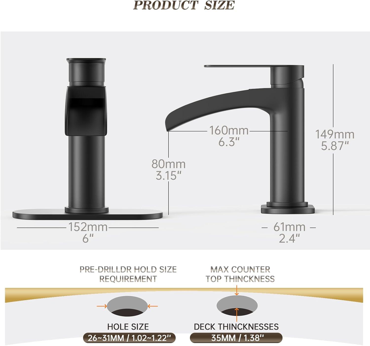 Phiestina Matte Black Single Hole Waterfall Bathroom Sink Faucet Single Handle, with 6-Inch Deck Plate & Metal Pop Up Drain Assembly, NS-SF01-MB