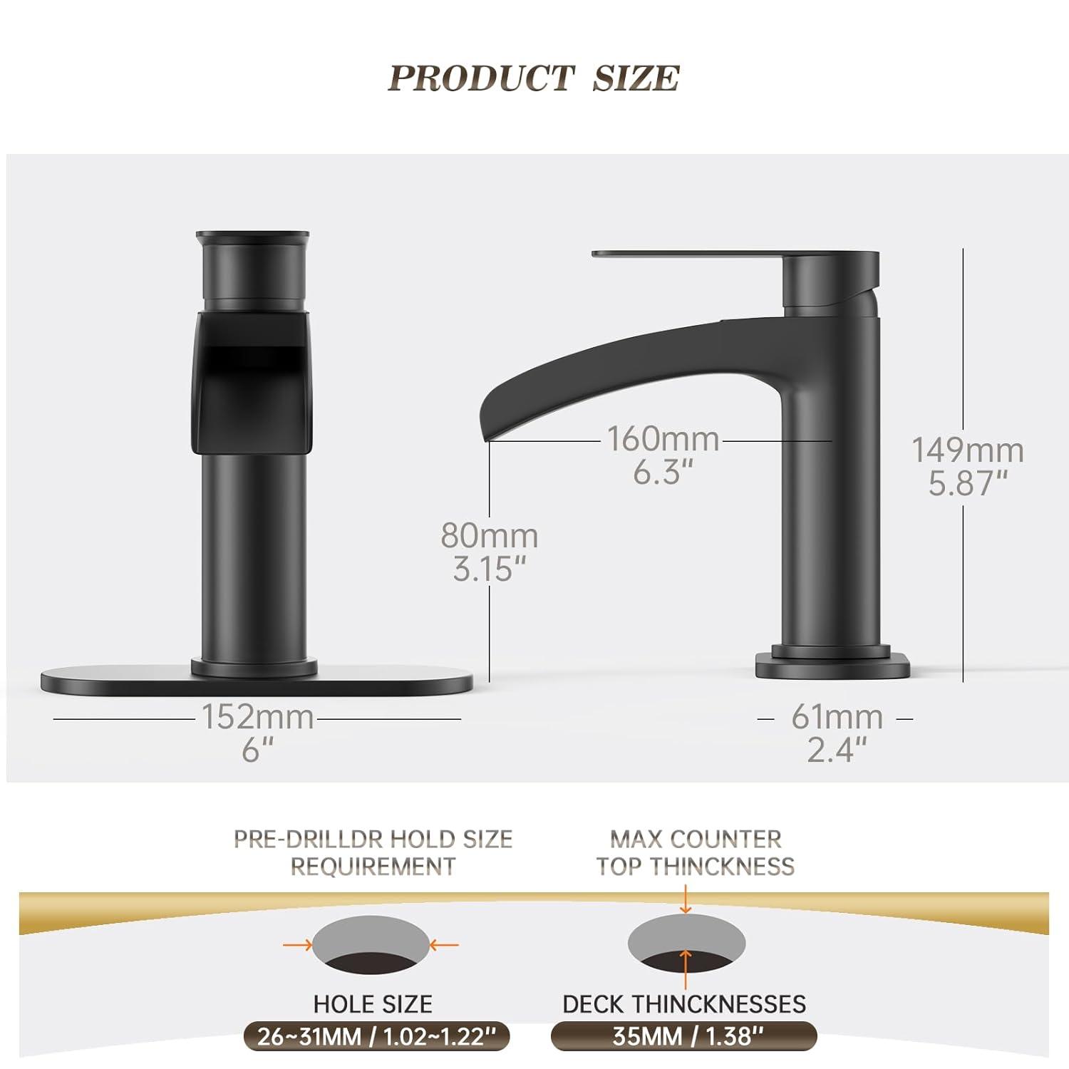 Phiestina Matte Black Single Hole Waterfall Bathroom Sink Faucet Single Handle, with 6-Inch Deck Plate & Metal Pop Up Drain Assembly, NS-SF01-MB