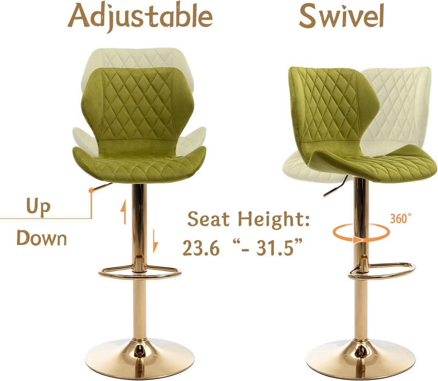 Domiluxe Modern Swivel Bar Stools Set of 2,Velvet Adjustable Counter Height Chairs with Backs, Counter Height Bar Stools with Golden Color Base for Home Kitchen Dining Room,Green