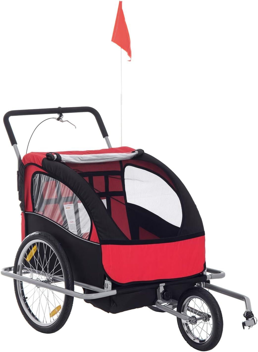 Aosom Elite Three-Wheel Bike Trailer for Kids Bicycle Cart for Two Children with 2 Security Harnesses & Storage, Red