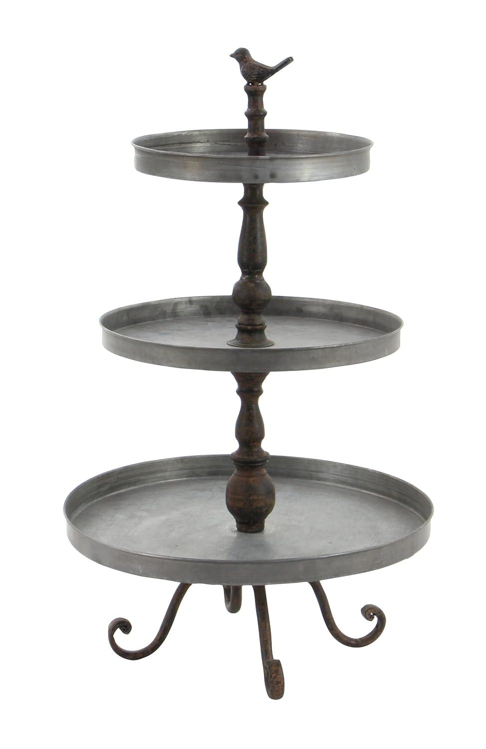 DecMode 16" x 28" Silver Metal Bird 3 Tiered Server with Scrolled Base, 1-Piece