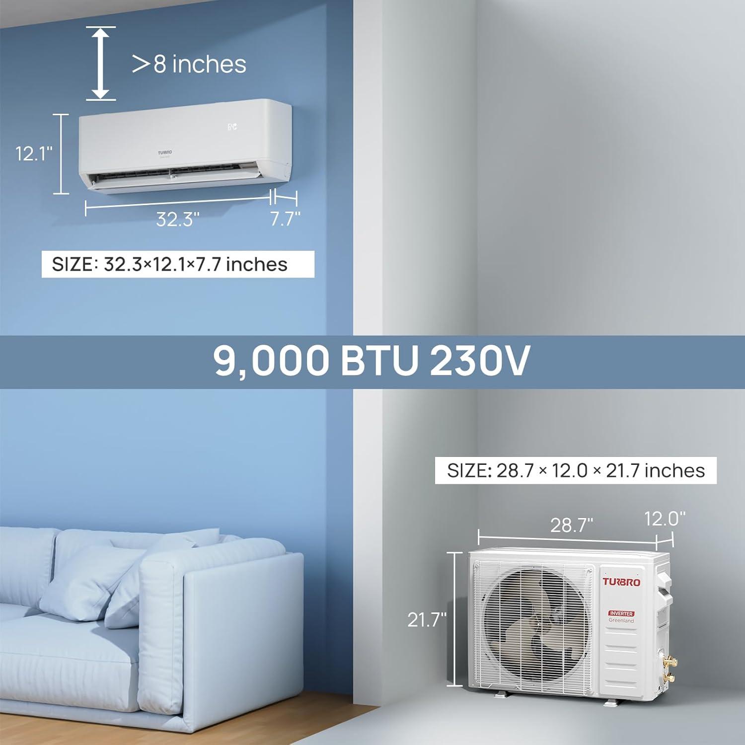 TURBRO 9,000 BTU White Ductless Mini Split Inverter AC with Heat Pump