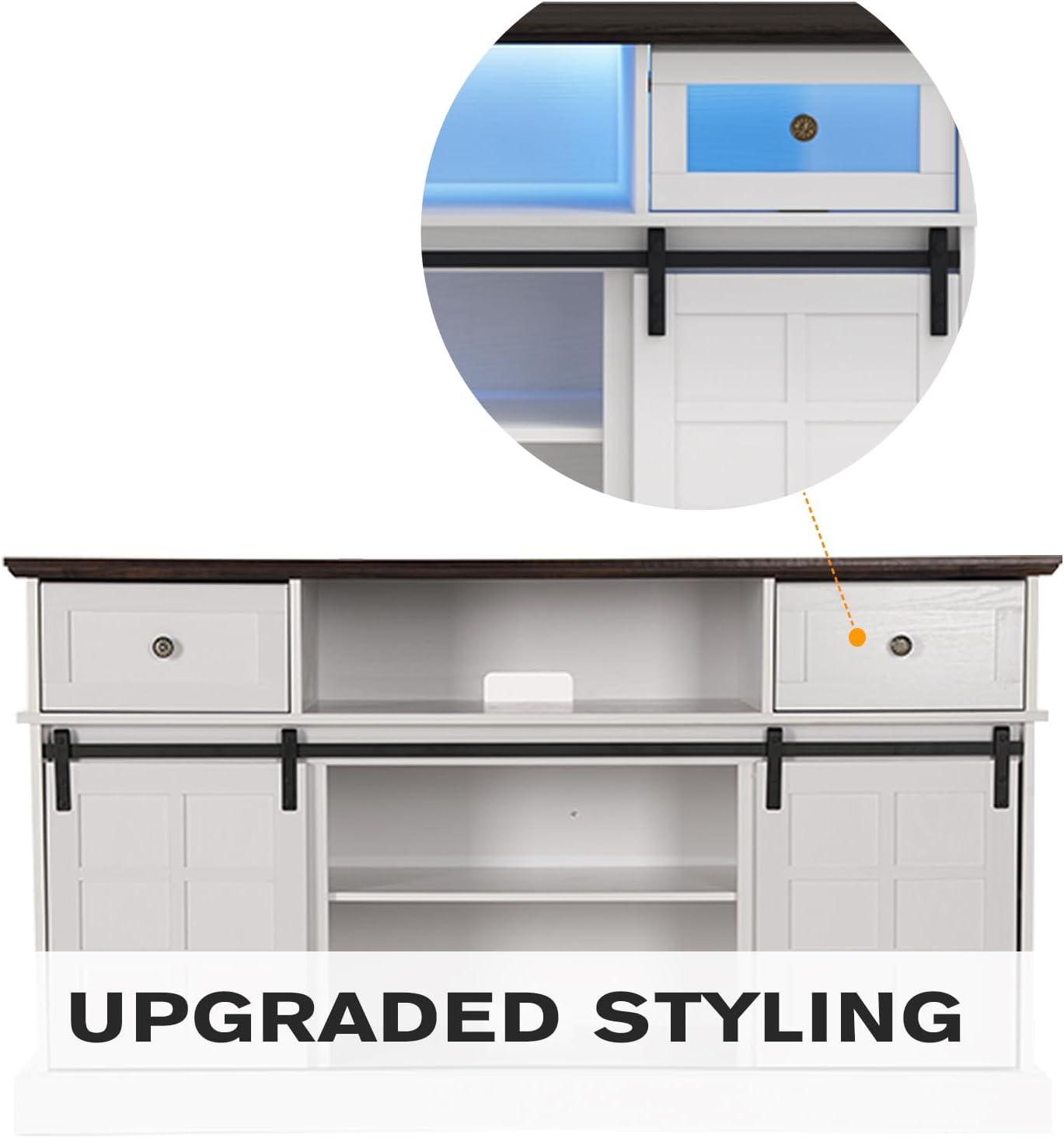 Farmhouse TV Stand W/LED Light, White TV Stand For 65 Inch Tvs, Entertainment Center TV Cabinet Stands With Flip Drawers, Sliding Barn Door TV Center Media Console Table For Living Room Bedroom