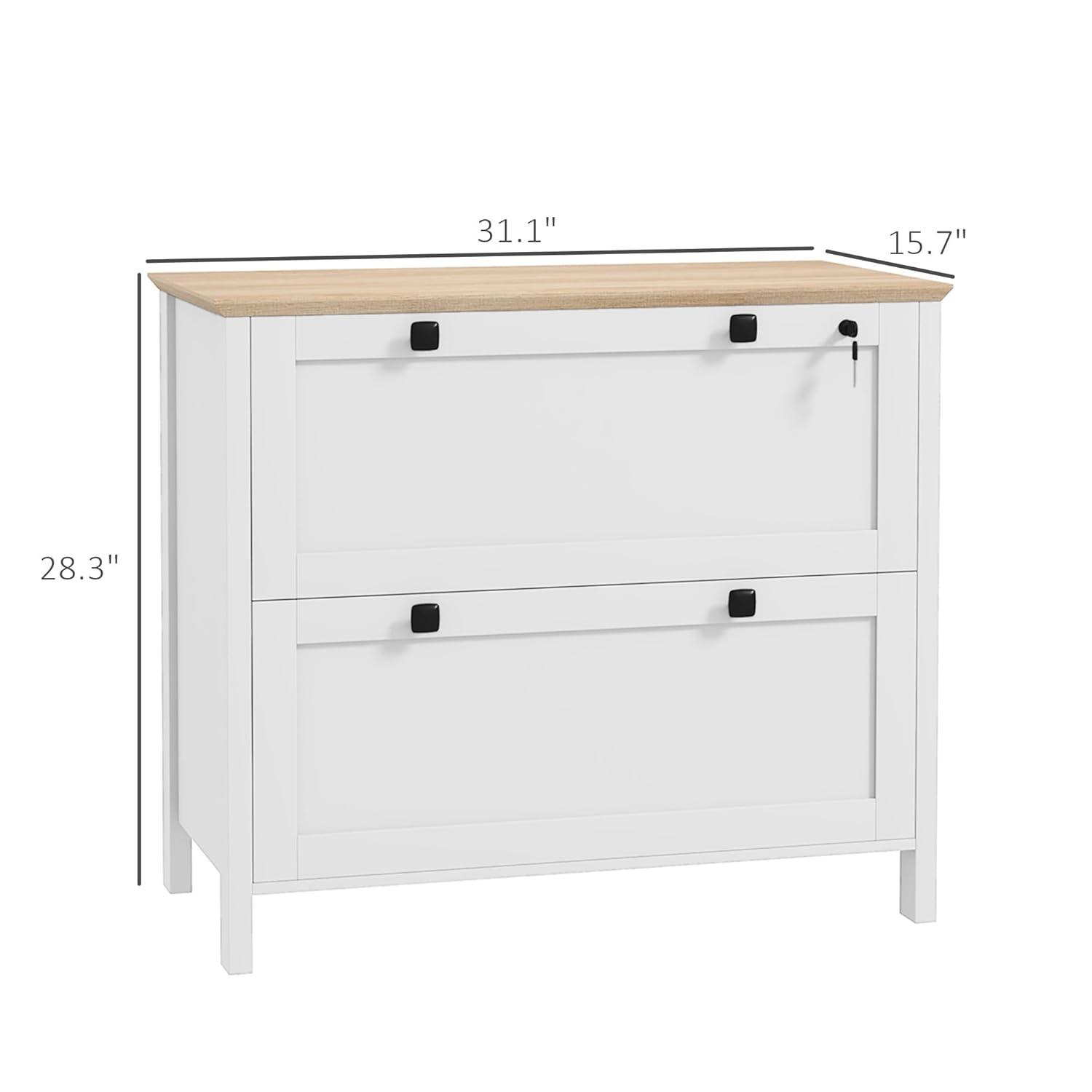 HOMCOM 2 Drawer File Cabinet with Lock, Lateral Filing Cabinet with Keys, Sleek Lines Drawers and Adjustable Hanging Bar for Letter, A4 and Legal Size, White