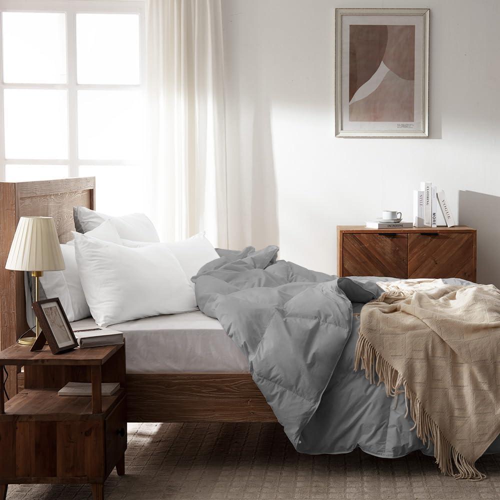 WarmKiss Queen Size Goose Feather Down Comforter – Ultra-Soft 100% Cotton Cover, Moisture-Wicking, Natural Kapok Fill, 46oz Medium Warmth, All-Season Fluffy Duvet Insert (90x90, Grey)