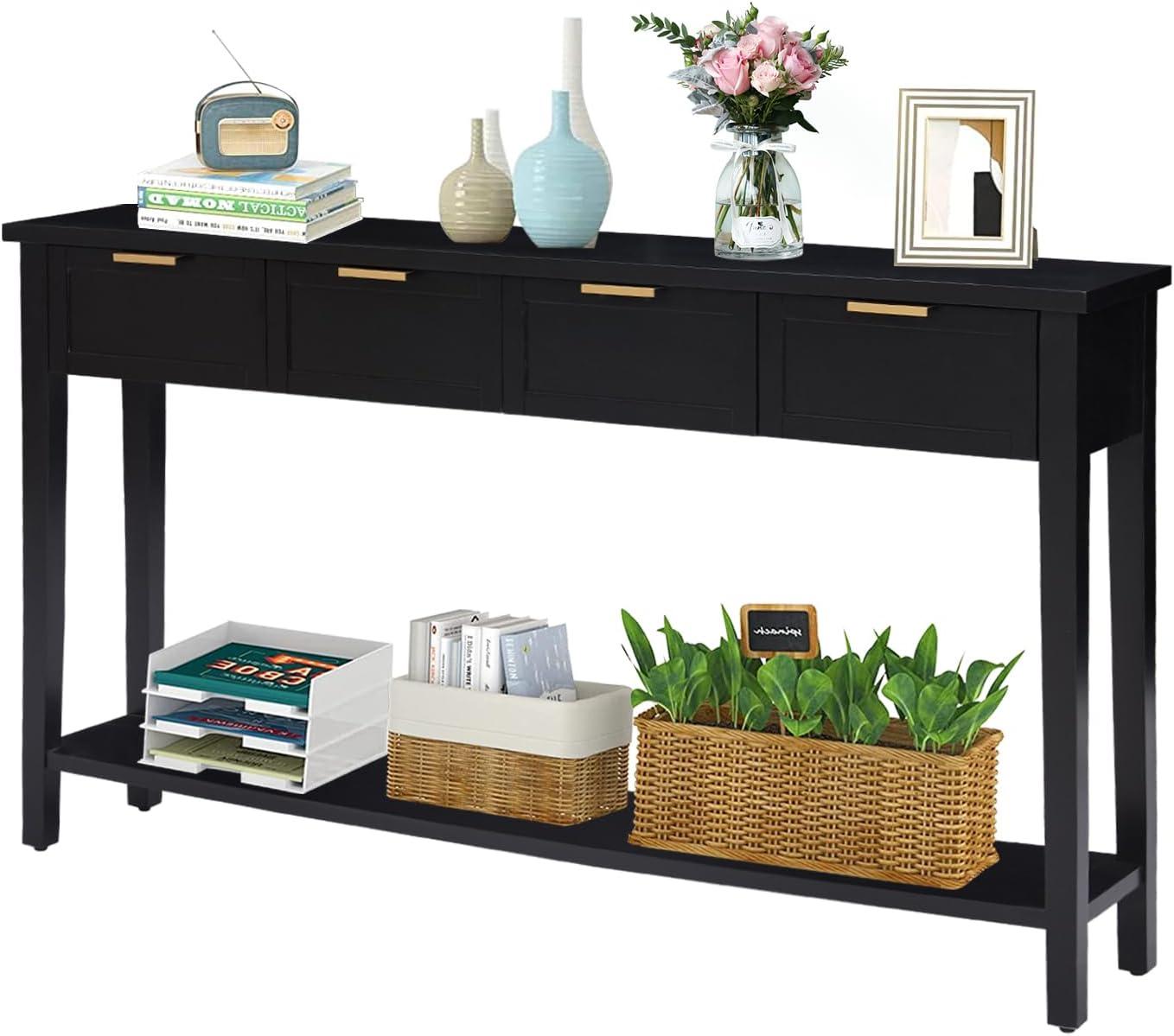 Kinfant Morden Console Table with Drawers, Narrow Sofa Table with Storage Shelf for Living Room, Entryway, Hallway, Black
