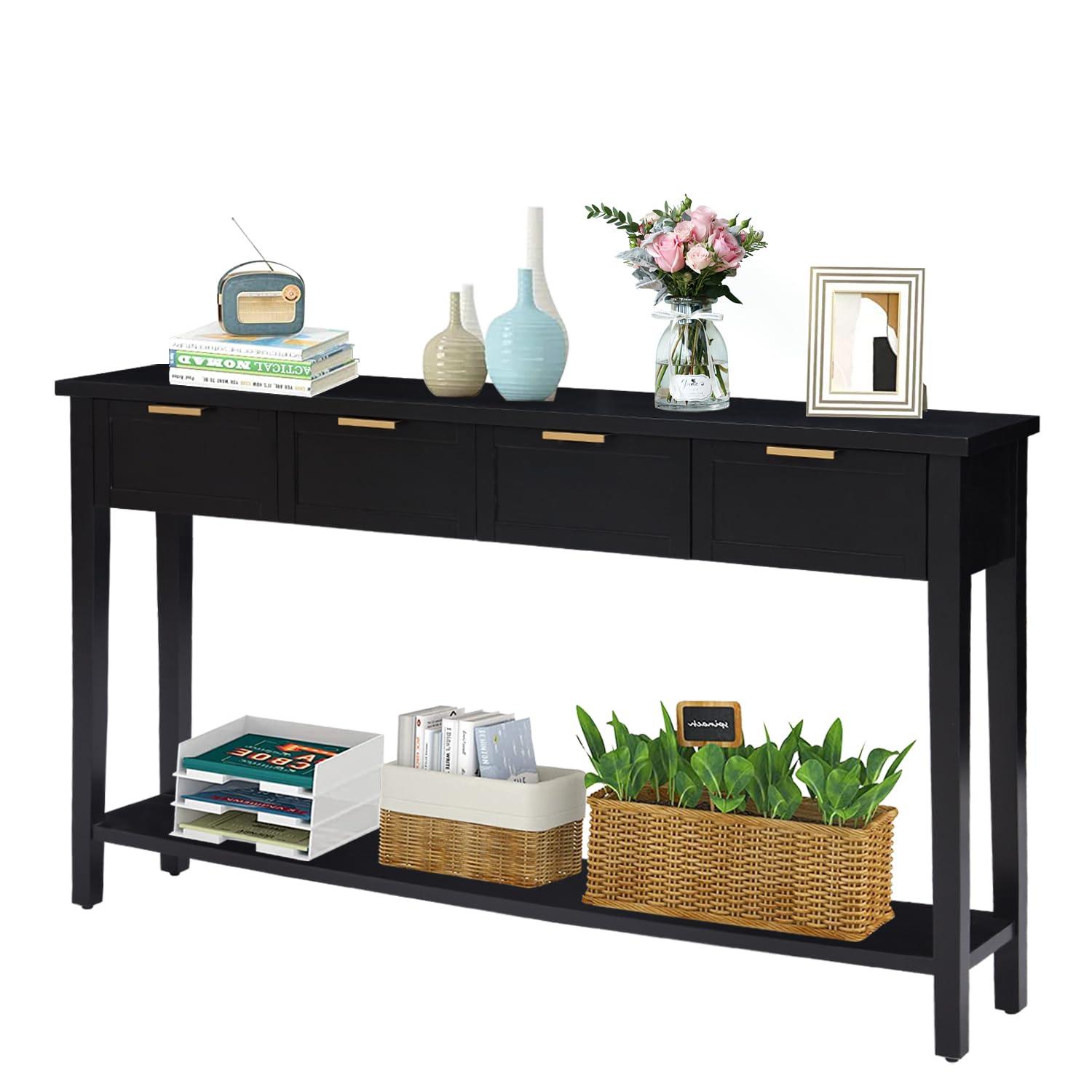 Kinfant Morden Console Table with Drawers, Narrow Sofa Table with Storage Shelf for Living Room, Entryway, Hallway, Black