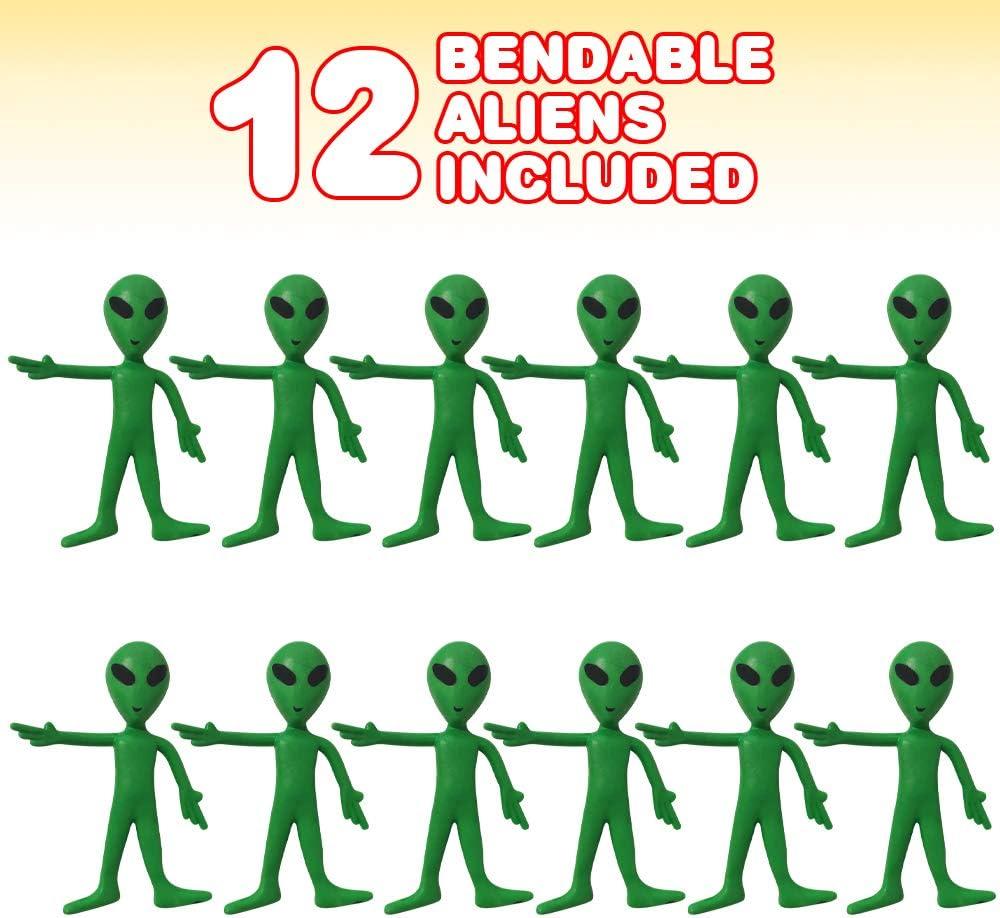 12 Pack- Bendable Rubber Green Aliens (3.75") Action Figures Bendable UFO Aliens Limbs Sensory Stress Relief Fidget Toys. Great Party Favor Trick or Treat Supplies