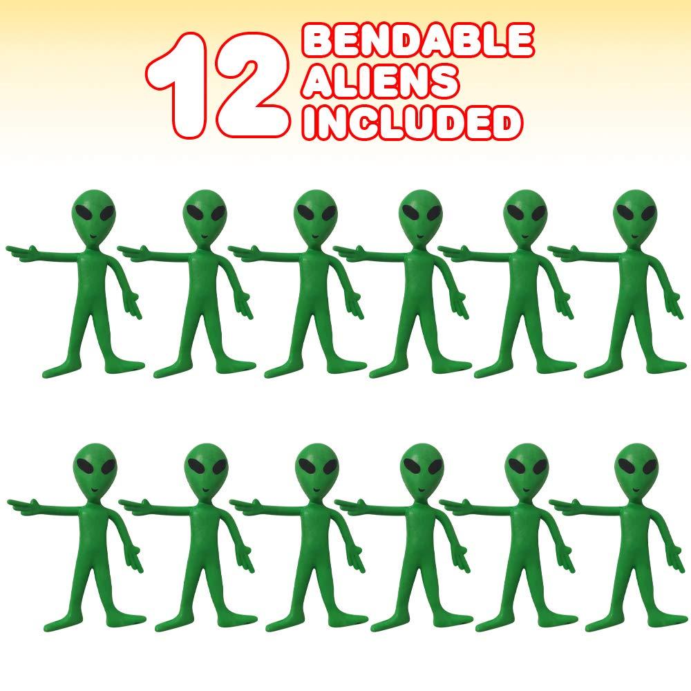 12 Pack- Bendable Rubber Green Aliens (3.75") Action Figures Bendable UFO Aliens Limbs Sensory Stress Relief Fidget Toys. Great Party Favor Trick or Treat Supplies