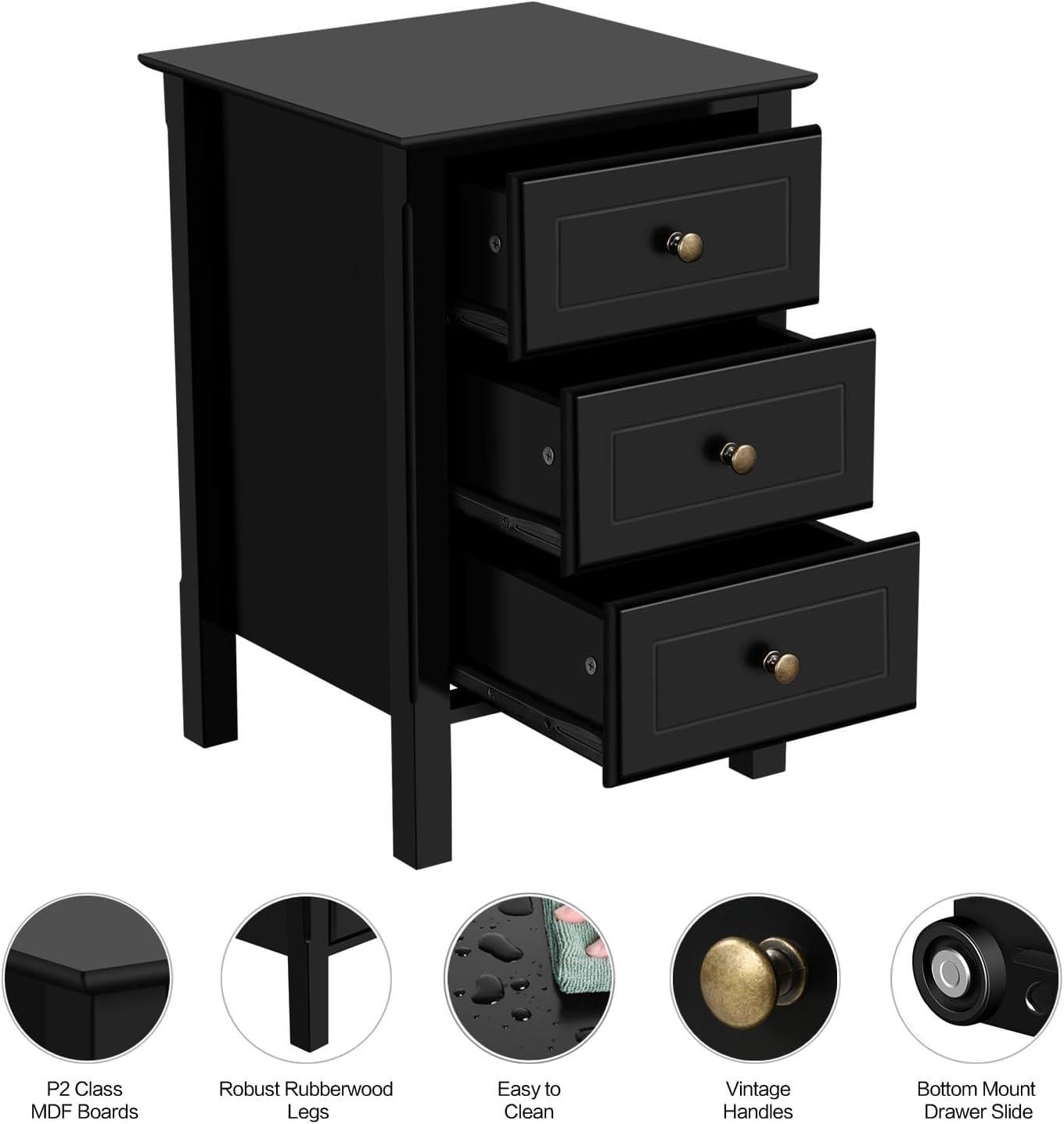 Yaheetech 3 Drawer End Table with Solid Wood Legs for Living Room, Black