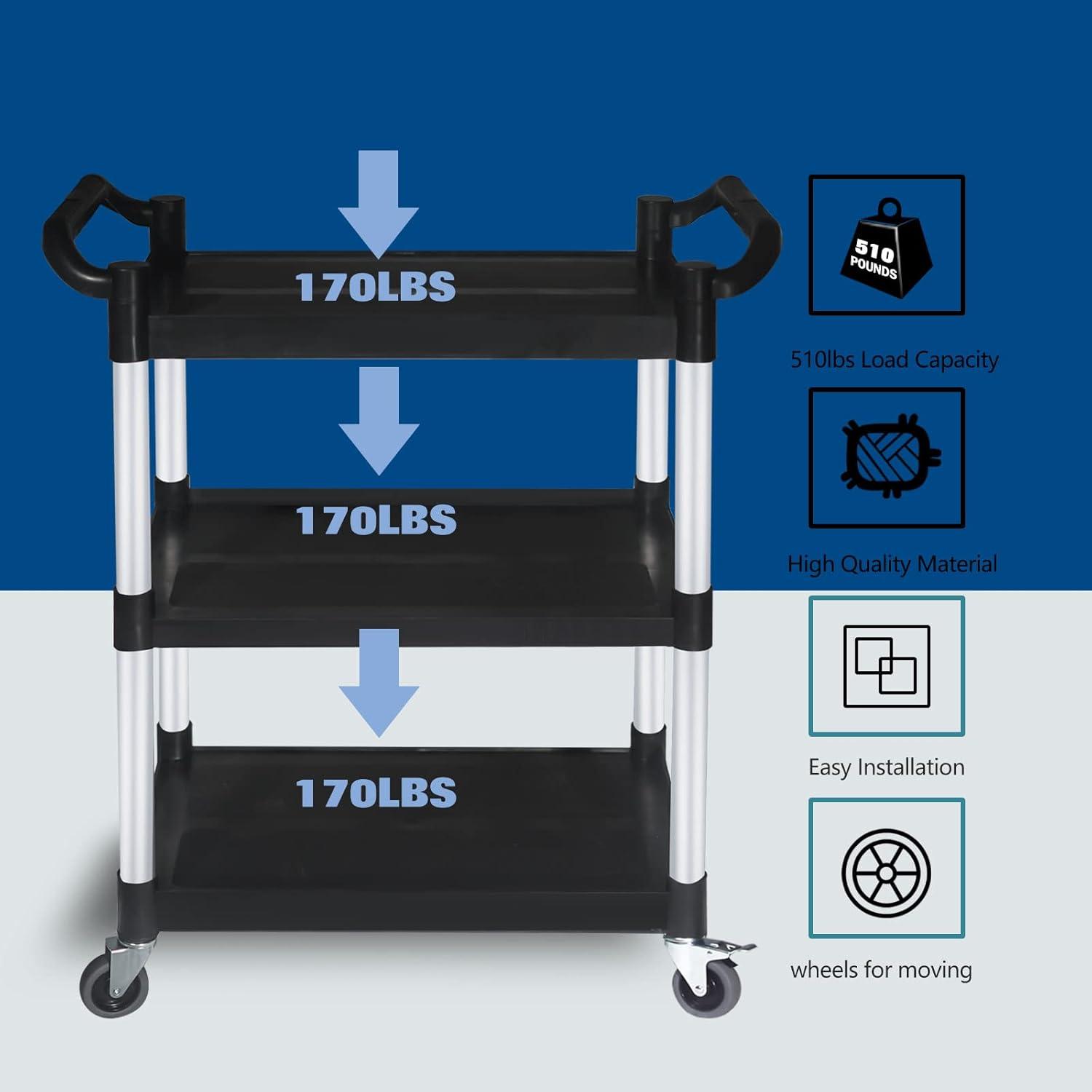 Large Black Plastic and Aluminum 3-Tier Utility Cart with Swivel Wheels