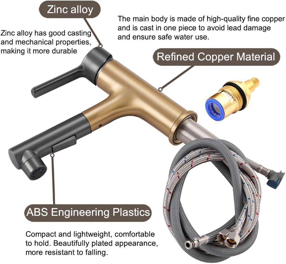 Bathroom Sink Faucet with Pull Out Sprayer Single Hole one Handle Basin Mixer Tap Pull Down Vessel Waterfall Rotating Spout Widespread Drain Assembly (Gun Grey, Regular)