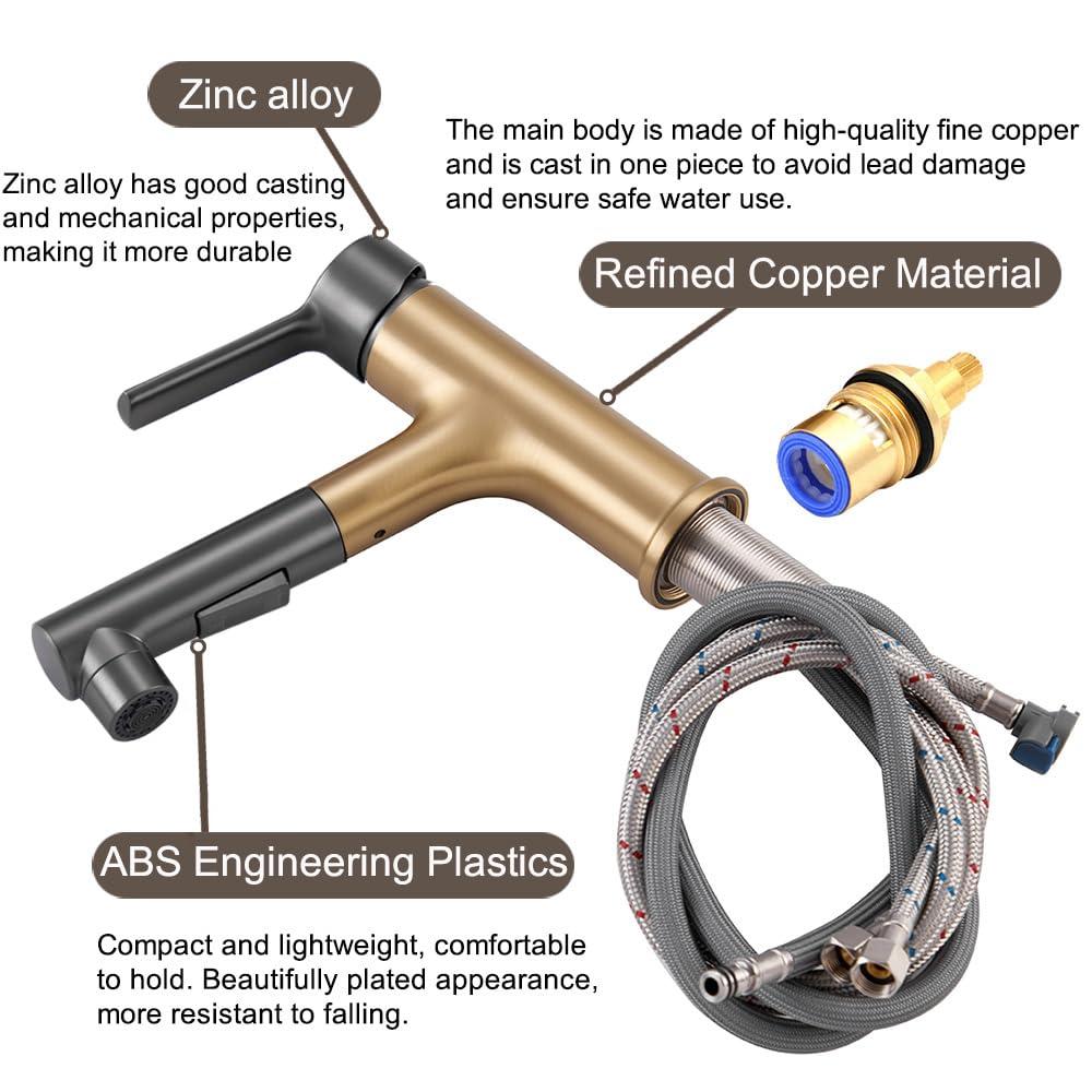 Bathroom Sink Faucet with Pull Out Sprayer Single Hole one Handle Basin Mixer Tap Pull Down Vessel Waterfall Rotating Spout Widespread Drain Assembly (Gun Grey, Regular)