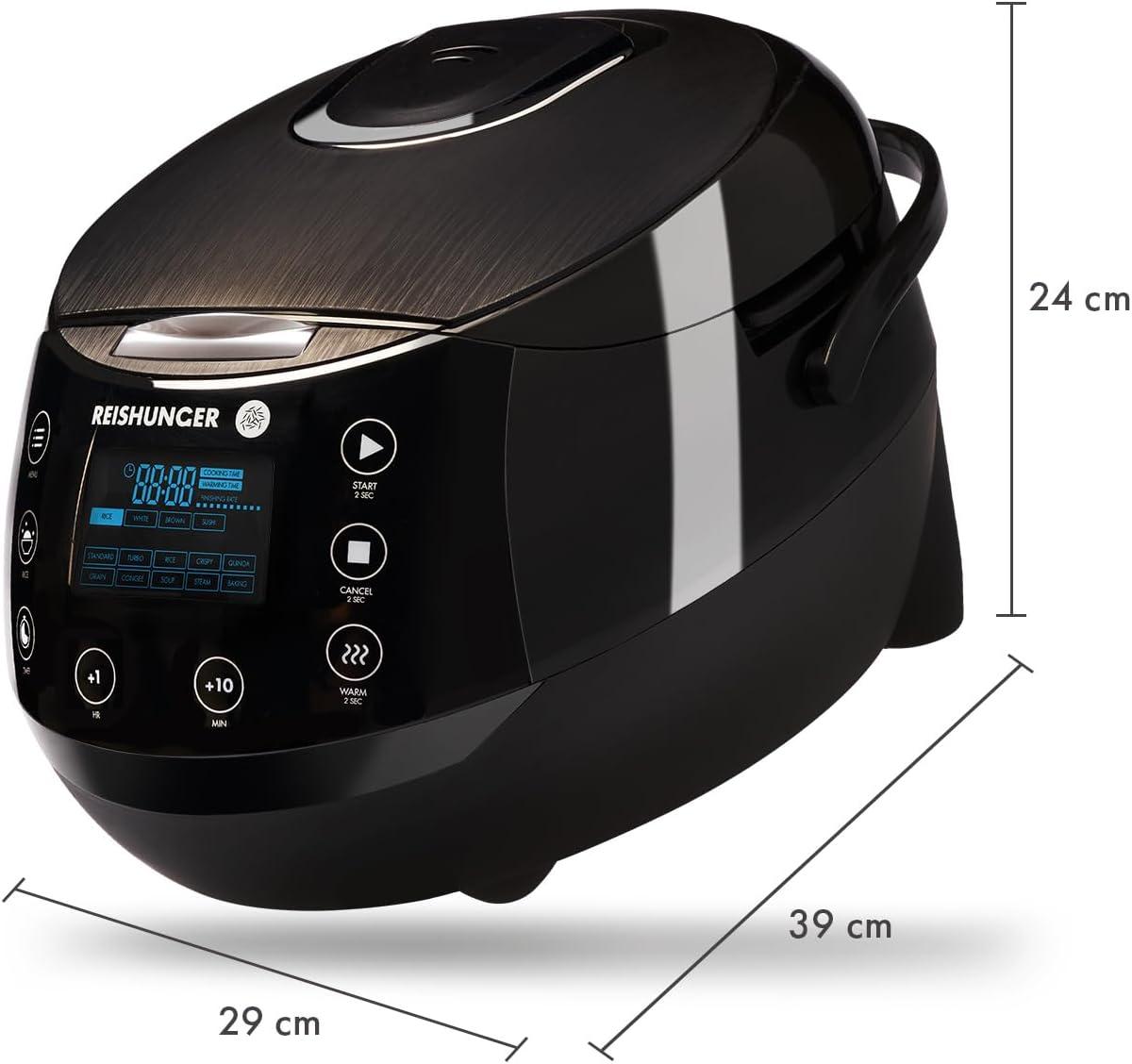 Reishunger Digital Rice Cooker and Steamer, Black, Timer - 8 Cups - Premium Inner Pot, Multi Cooker with 12 Programs & 7-Phase Technology for Brown Rice, Soups, Grains, Oatmeal & more - 1-8 People